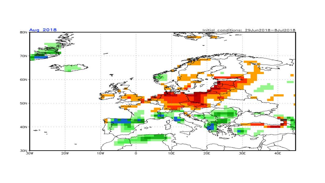 Wettervorhersage für 30 Tage vom 10.07.2018: Stabiles Sommerwetter - kein Regen in Sicht Berechnete Niederschlagsabweichung für den Monat August (CFS)