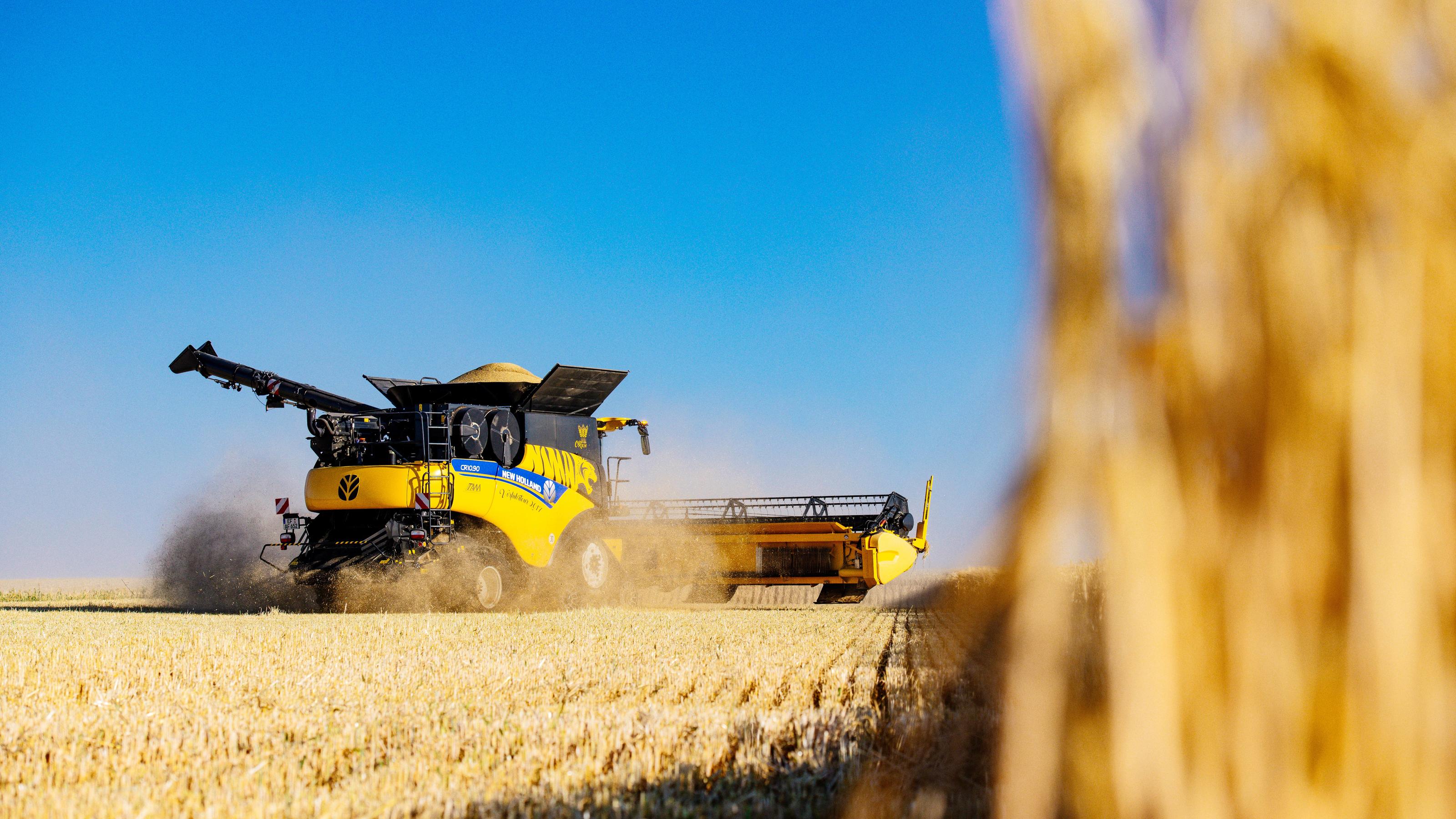 Nach Regen im Osten vorerst keine Waldbrandgefahr mehr - andere Regionen so trocken wie nie Erfurt OT Frienstedt , 070718 , Landwirtschaft , Gerstenernte beginnt früher als gewöhnlich Im Bild: Ein Gerstenfeld bei Erfurt wird von einem Mähdrescher New Holland CR10.90 gedroschen, Nach wochenlanger Trockenheit ziehen zur Ernte dunkle Wolken au