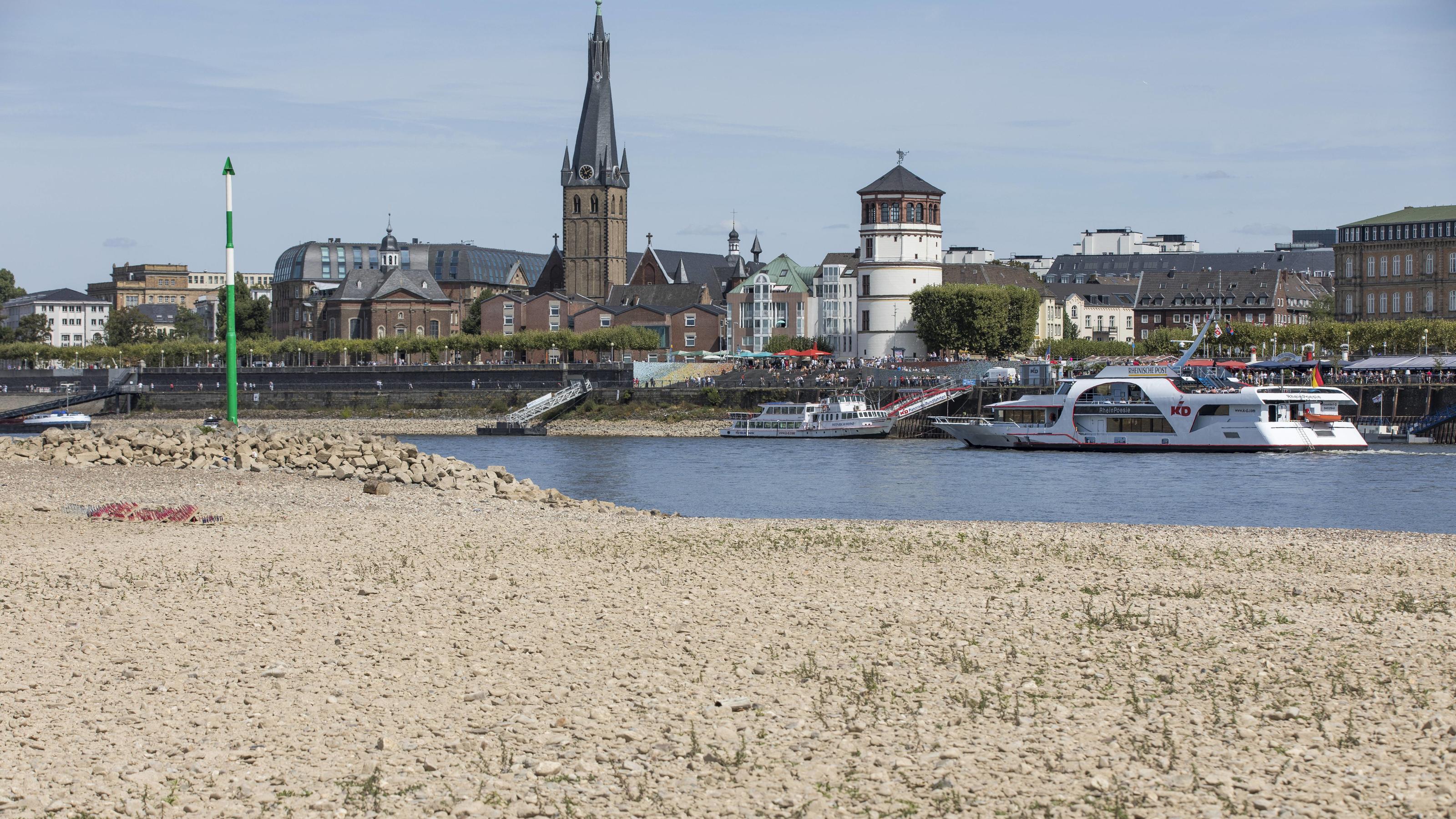 Die letzten Sommer waren die trockensten seit Beginn unserer Zeitrechnung Rhein bei Düsseldorf, extremes Niedrigwasser im Sommer
