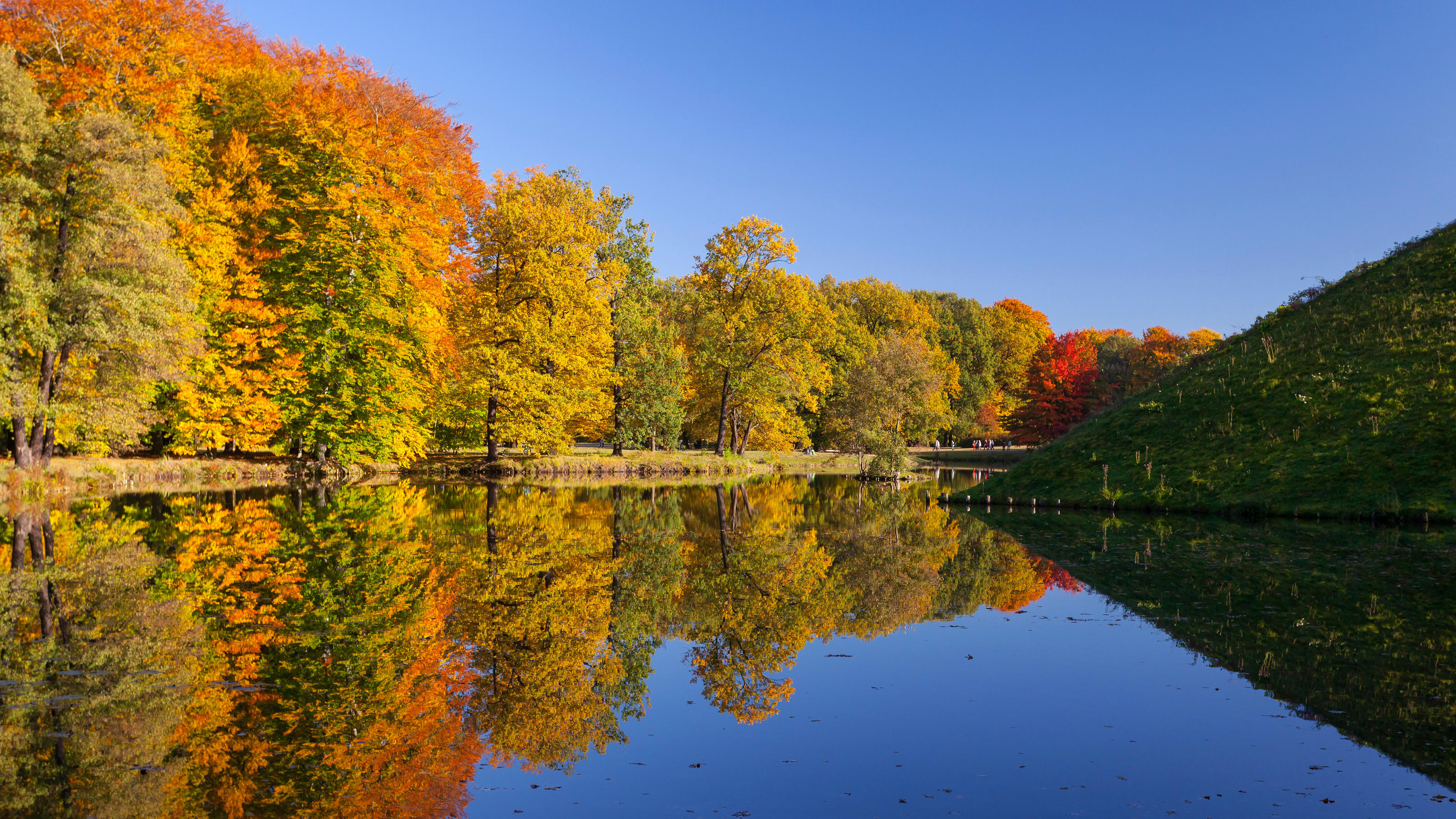 Die 30-Tage-Wettervorhersage: Wie stehen die Chancen auf einen sonnigen Spätsommer? Bunt gefärbte Bäume stehen an einem sonnigen Tag im Oktober 2012 am Ufer des Pyramidensees im Branitzer Park in Cottbus.