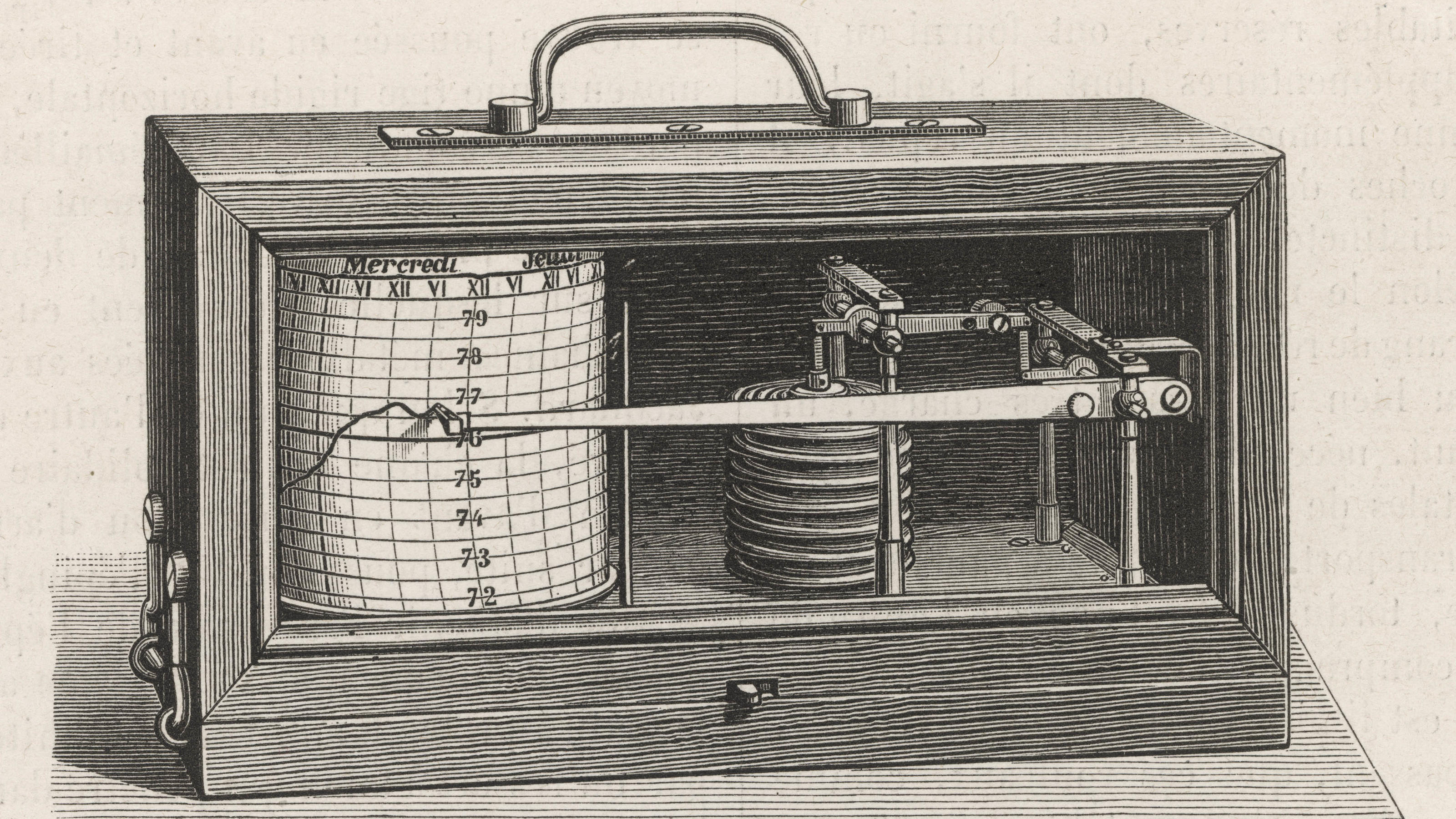 Wetterlexikon: Aneroidbarometer Richard Frere's registering aneroid barometer. Date: 1881 (Mary Evans Picture Library) | Nur für redaktionelle Verwendung., Keine Weitergabe an Wiederverkäufer.