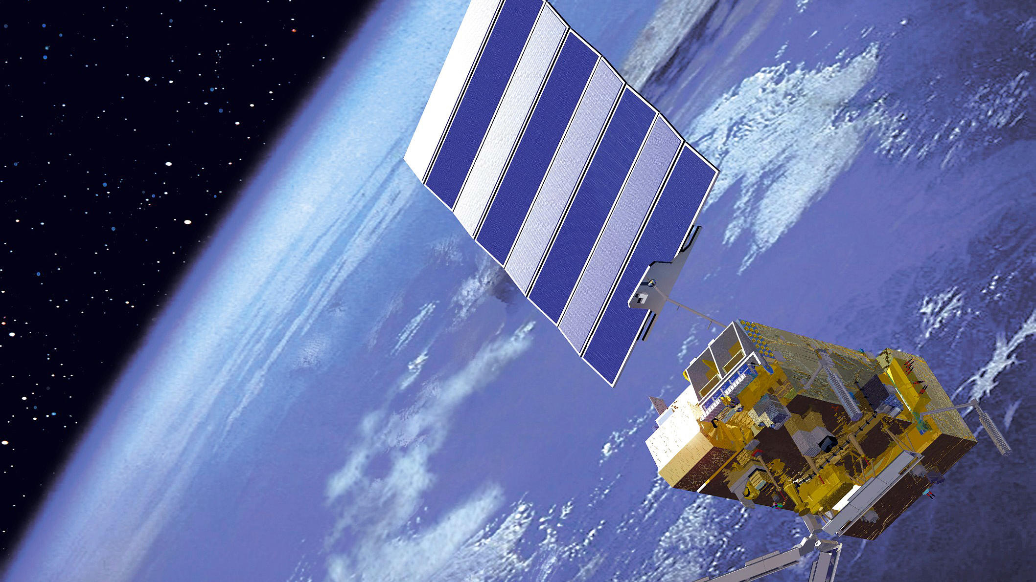 Wetterlexikon: Meteosat Das undatierte Handout zeigt den Wettersatelliten Metop in einer Computerbildsimulation. Er soll in 820 Kilometern Höhe die Erde umkreisen. Er wurde bei der EADS Astrium in Friedrichshafen am Bodensee gebaut.