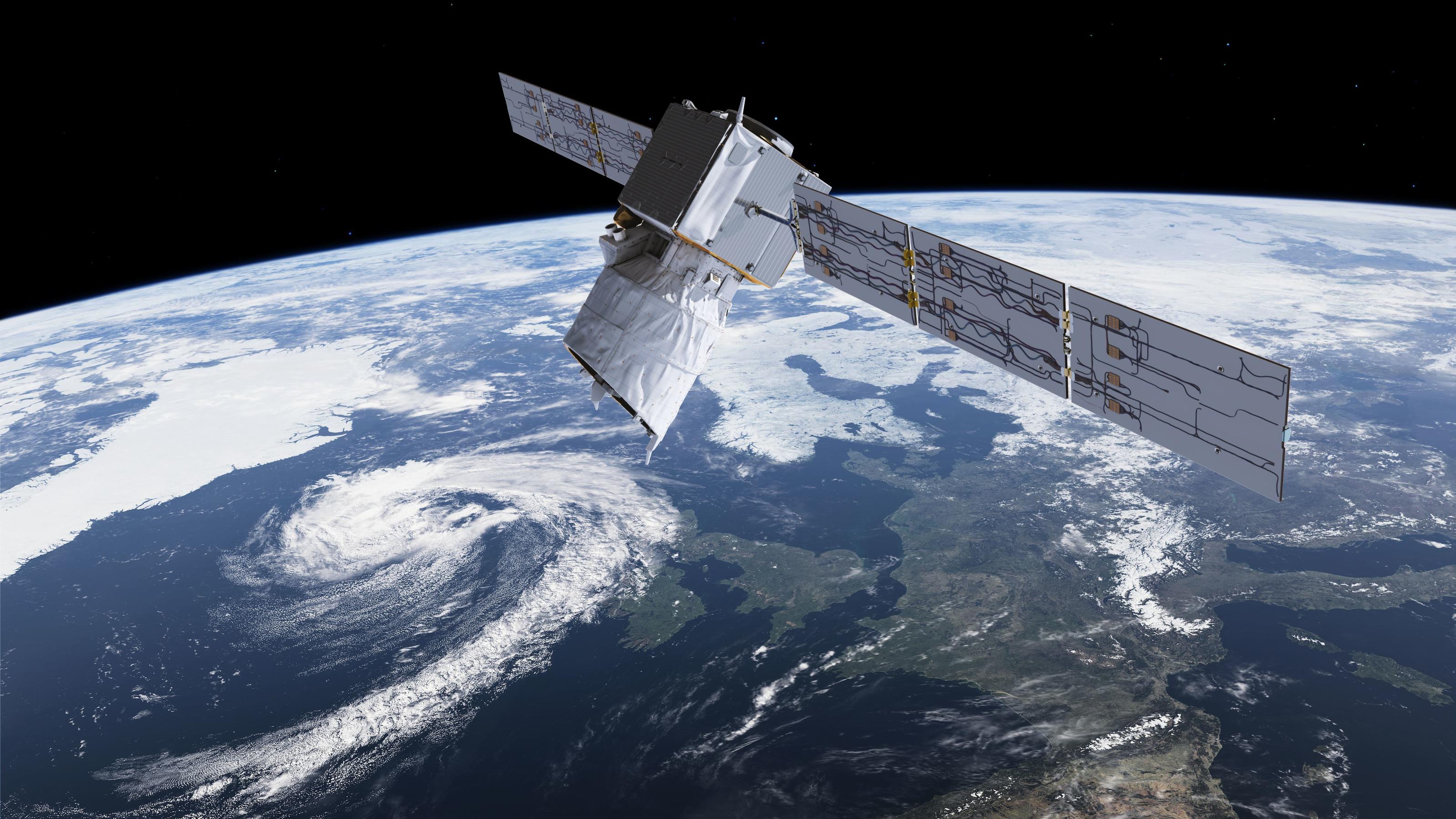 Wetterlexikon: ESA The photo provided by European Space Agency ESA shows an artists rendering of ESA's Aeolus satellite which will provide timely and accurate profiles of the world's winds and further information on aerosols and clouds. The Aeolus satellite, named afte