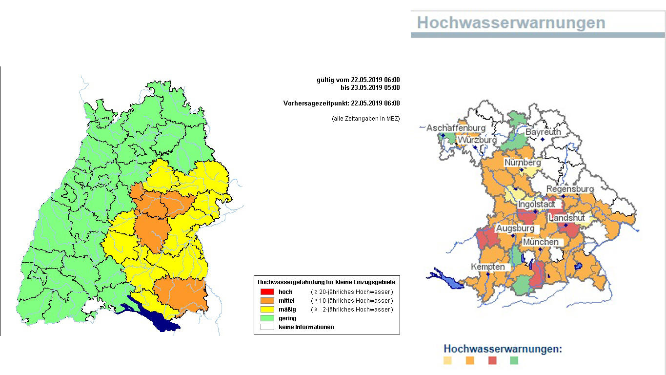 Hochwasser-Opfer kämpfen gegen die Fluten 22.05.2019, 8:23 Uhr: Die Hochwasserwarnungen von Baden-Württemberg (links) und Bayern (rechts)