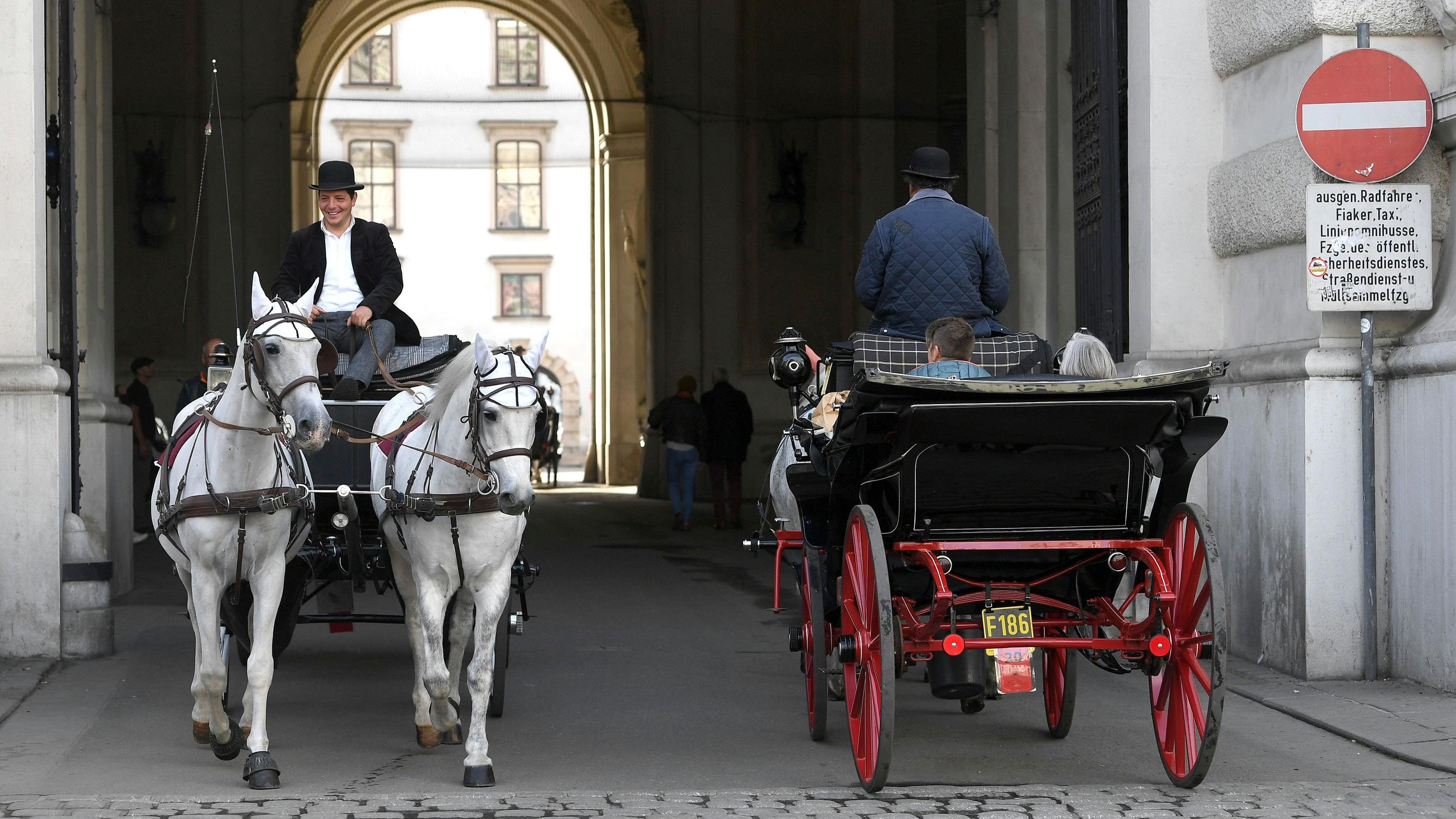 Auswärtiges Amt warnt vor Reisen nach Wien und Budapest ARCHIV - 15.10.2018, Österreich, Wien: Zwei Fiaker, aufgenommen in der Innenstadt. Um die Fiaker in Wien ist ein wilder Streit entbrannt. Aus Sicht der Stadt erzeugen sie zu viele Schäden, Tierschützer halten obendrein sowieso nichts von den Kutschf