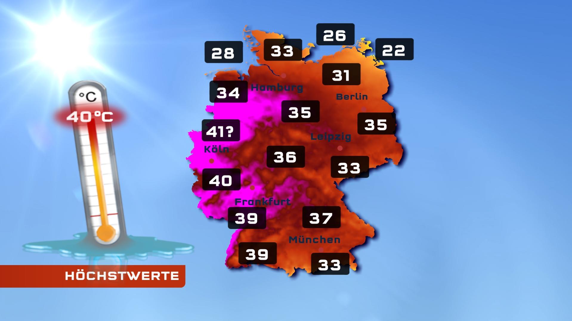 Wird es wirklich 41 Grad heiß? Das sind heute die Hitze-Hotspots Die Karte zeigt die Höchstwerte für den Donnerstag
