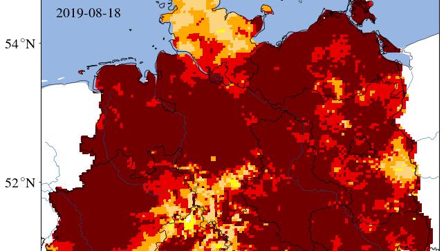 7-Tage-Trend: Sommercomeback verschärft die Trockenheit Dürremonitor Deutschland: Aktuelle Zustand des Bodens bis 1.8 Meter Tiefe (Dunkelrot: außergewöhnliche Dürre)