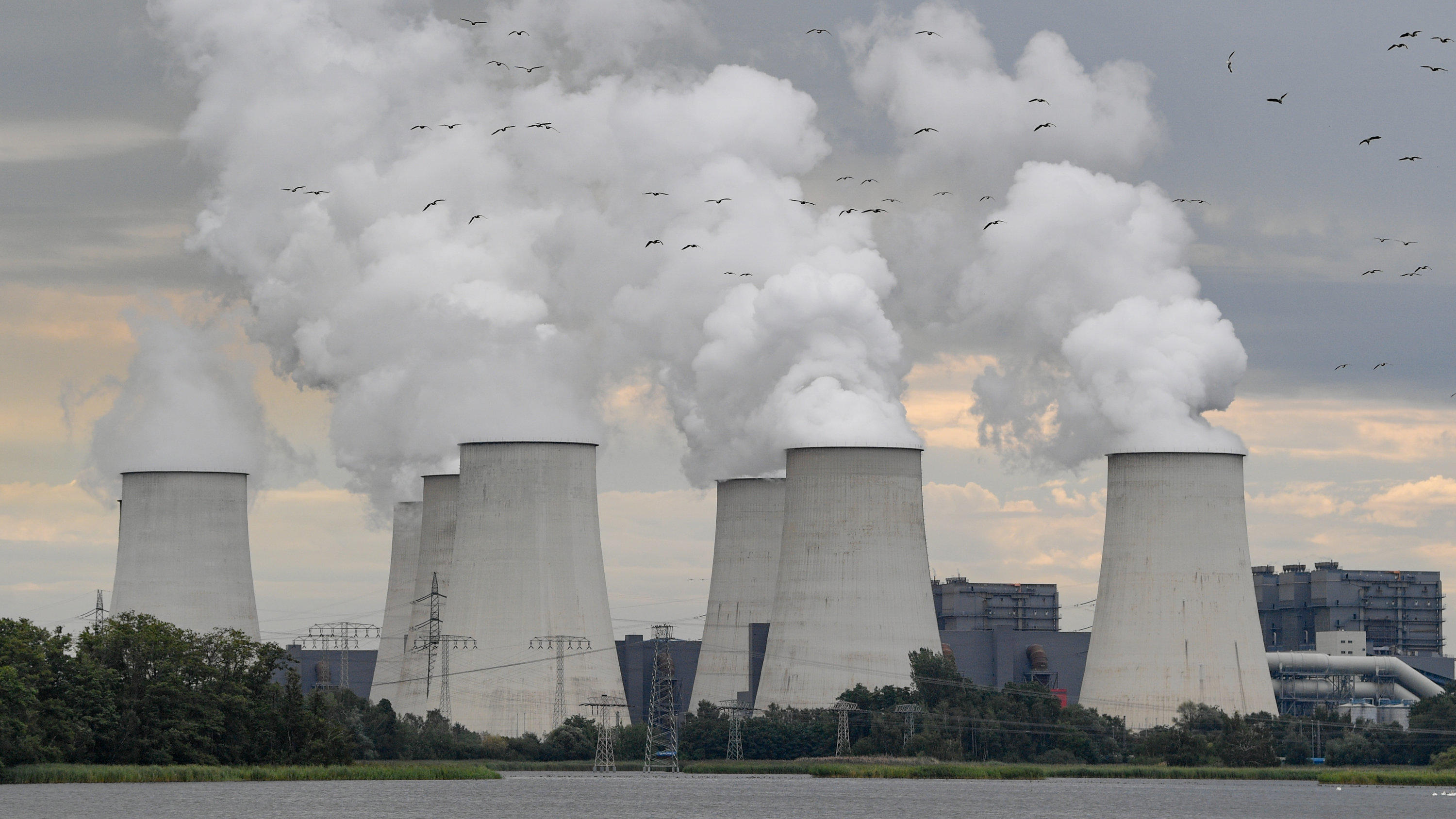 Anhaltende Dürre gefährdet unsere Energieversorgung und den Nahrungsmittelanbau ARCHIV - 12.08.2019, Brandenburg, Peitz: Wildgänse fliegen in Richtung der dampfenden Kühltürme des Braunkohlekraftwerkes Jänschwalde der Lausitz Energie Bergbau AG (LEAG). Die Umweltstiftung WWF warnt in ihrem Dürrereport vor einer Wasserkrise und f