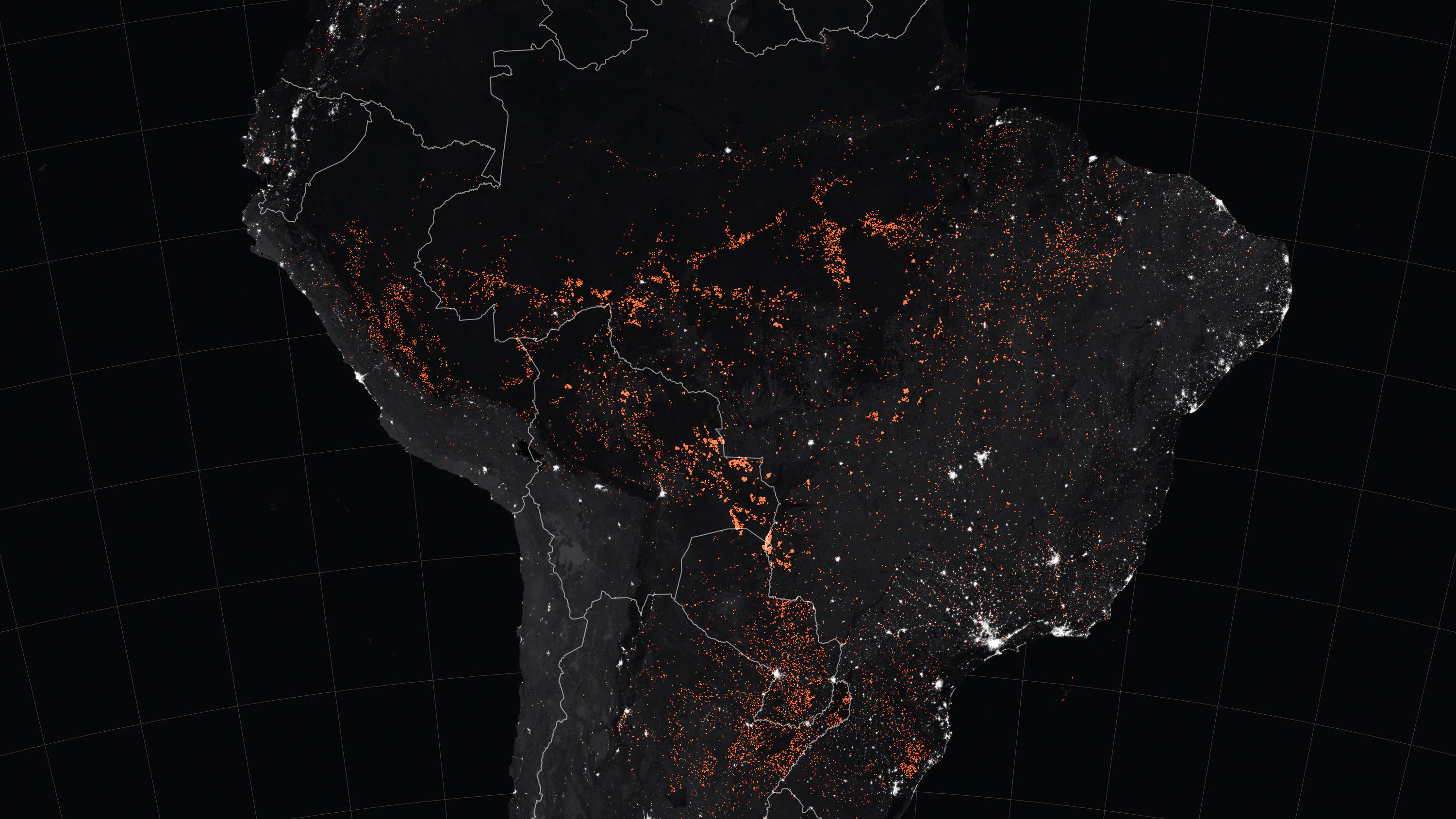 Amazonas-Waldbrände in Brasilien: Geht uns jetzt der Sauerstoff aus? Satelittenbild der Brände in Brasilien, Peru, Bolivien und Paraguay