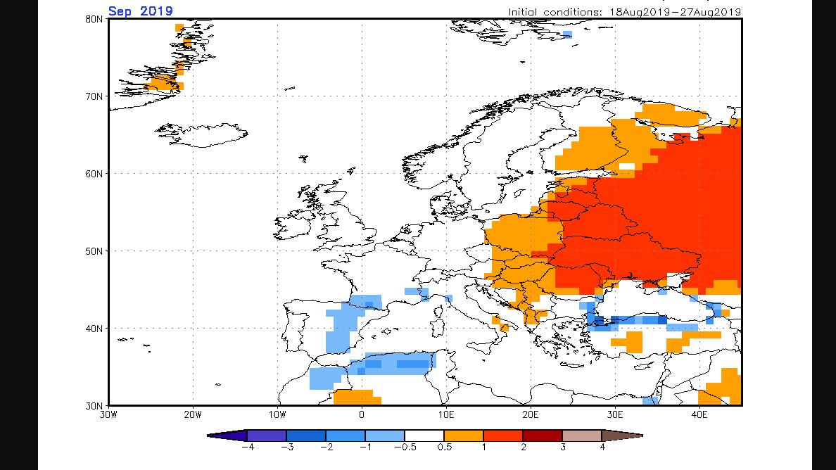 Das 30-Tage-Wetter vom 30.08.2019: September wieder ein gefährlicher Monat Die Temperaturabweichungen für Europa den Monat September (NOAA)
