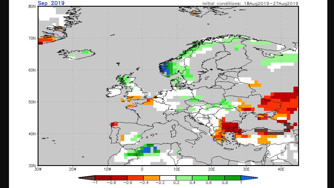 Das 30-Tage-Wetter vom 30.08.2019: September wieder ein gefährlicher Monat Die Niederschlagsabweichungen für Europa den Monat September (NOAA)