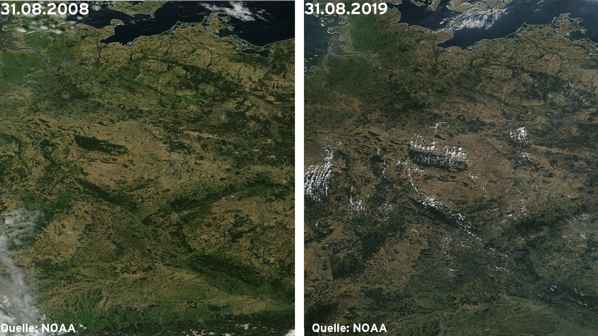 Extreme Trockenheit in Deutschland: Kommt jetzt noch ein Dürre-Herbst dazu? Links: Die Böden sind deutlich trockener (31.08.2019) ; Rechts: Die Flächen sind nicht ganz so braun und etwas grüner (31.08.2008)