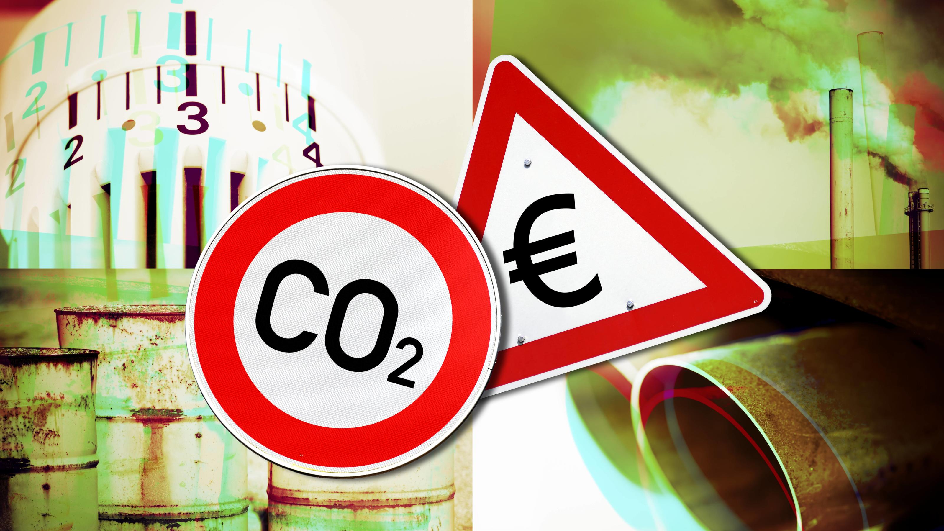 Wetterlexikon: CO2-Preis FOTOMONTAGE, CO2-Schild, Warnschild mit Eurozeichen, Heizungsthermostat, Auspuff, Heizölfässer, Kohleverbrennung, Symbolfoto CO2-Steuer *** PHOTOMONTAGE CO2 sign warning sign with Euro sign heating thermostat exhaust fuel oil barrels coal combustion