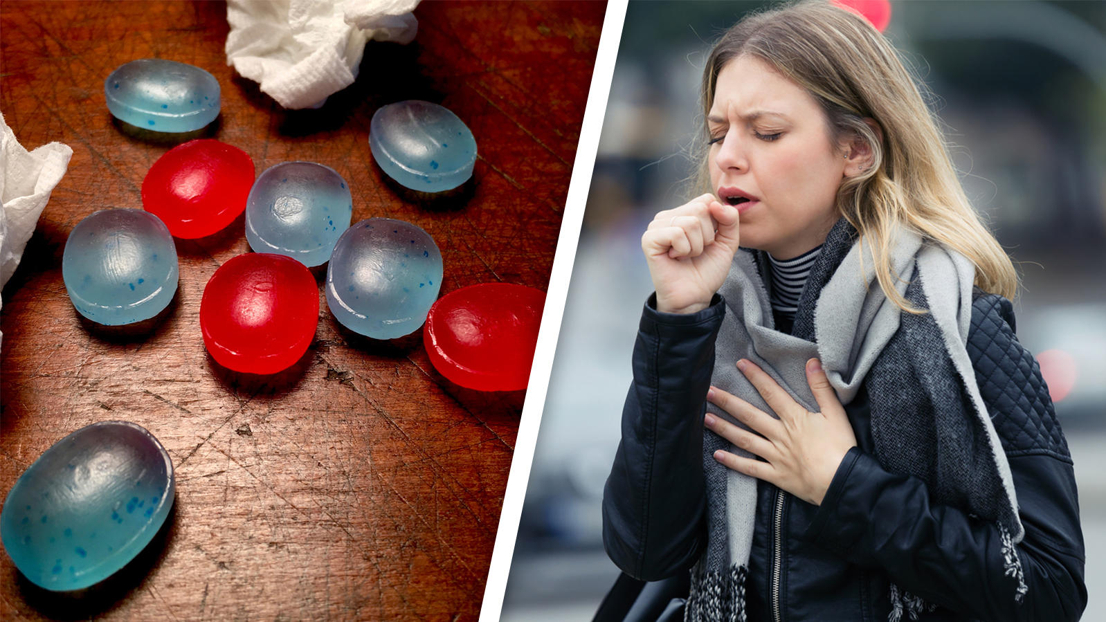 Husten- und Halsbonbons: Welche helfen wirklich? Hustenbonbons und hustende Frau