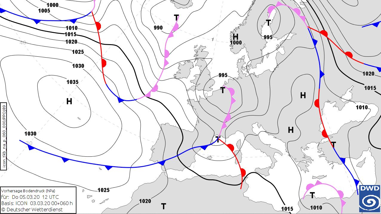 Unwetter in Südeuropa: Neben Gewittern und Sturm sind sogar Tornados möglich Tiefausläufer rauschen weiter ins Mittelmeer rein (Bodendruckkarte von Mittwoch, DWD)