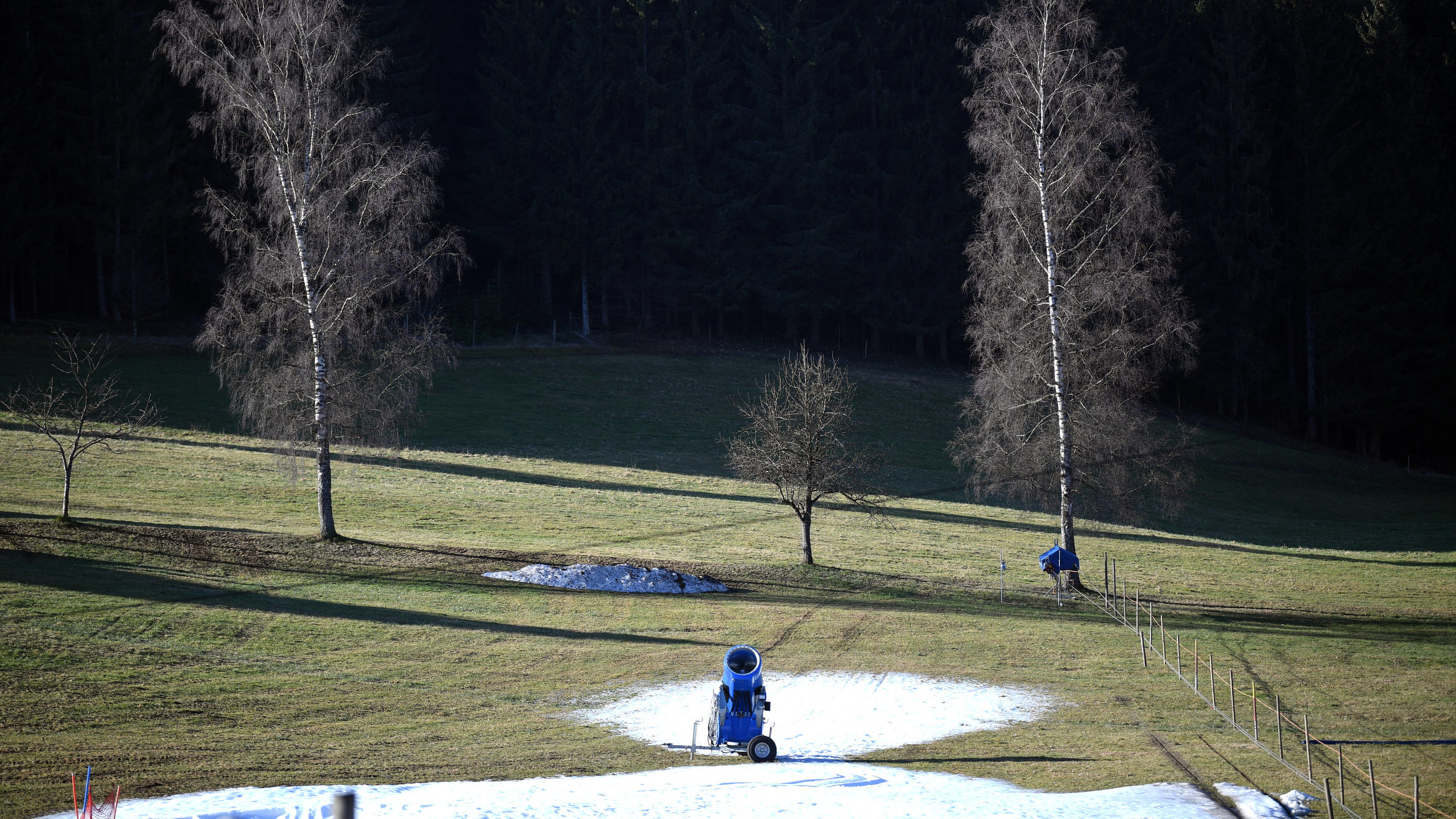 Neuer Klimazeitraum - Extreme werden normal ARCHIV - 16.01.2020, Baden-Württemberg, Titisee-Neustadt: Kunstschnee liegt am Schneeberglift zwischen grünen Wiesen und Wäldern. Der zu Ende gehende Winter in Deutschland war der zweitwärmste seit Beginn der Aufzeichnungen im Jahr 1881. Das teilte d