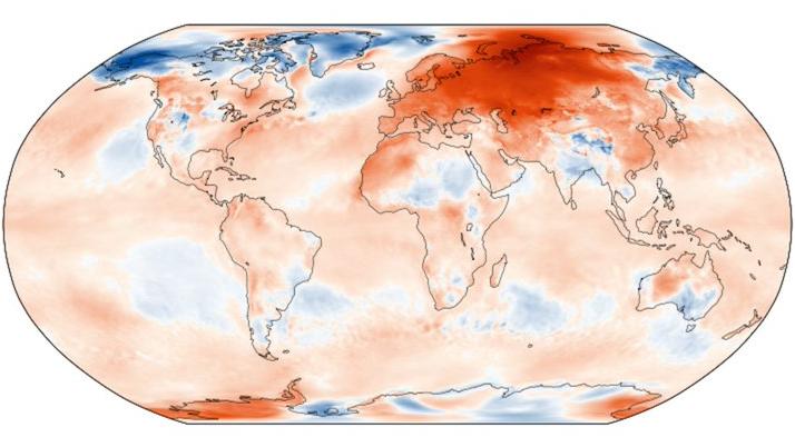 Europas Winter war der wärmste aller Zeiten Die Temperaturverteilung auf der Erde. Europa ist tiefrot - das heißt, dort war es viel zu warm.