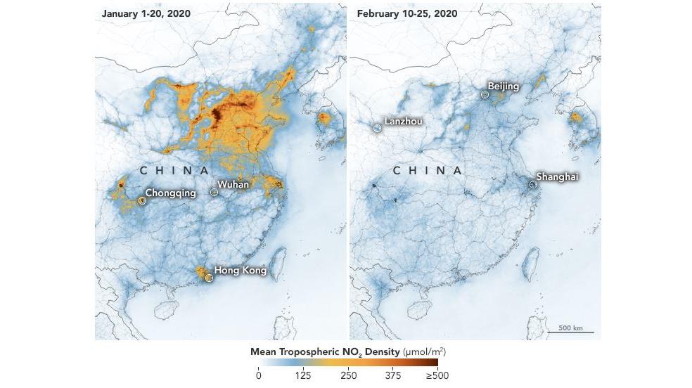 Corona und Klima: So wirkt sich die Corona-Krise auf unsere Umwelt aus Die NO2-Verschmutzung in der Tropsphäre am 1. Januar 2020 (links) und am 10 Februar 2020 (rechts)