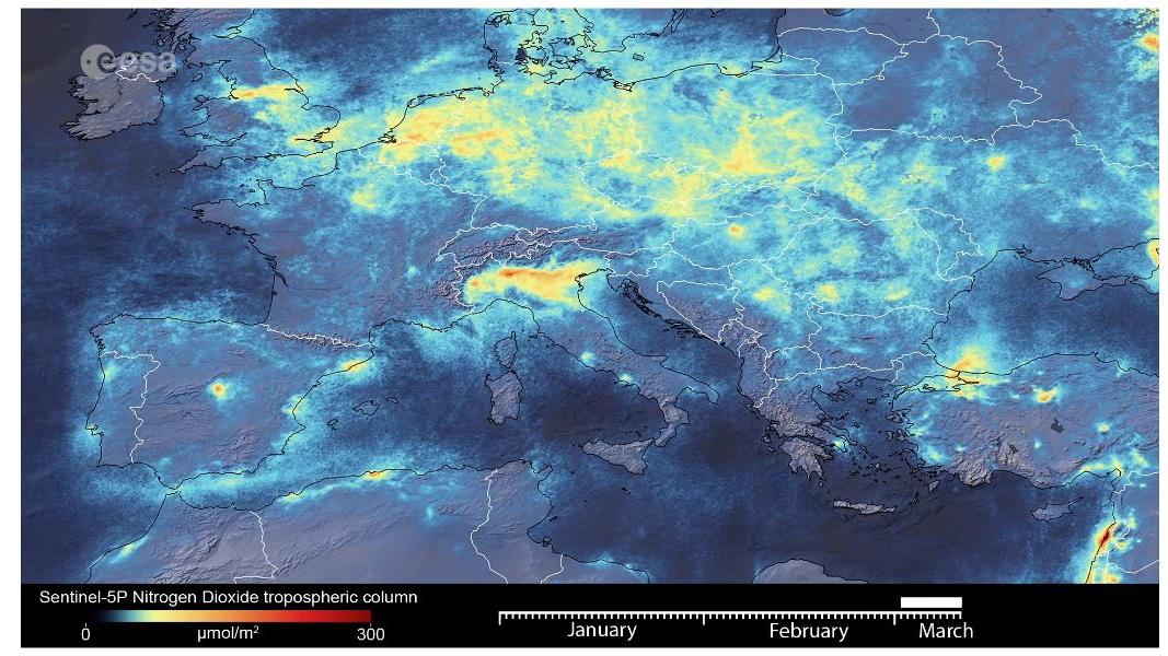 Corona und Klima: So wirkt sich die Corona-Krise auf unsere Umwelt aus Die NO2_Verschmutzung über Europa im März 2020.