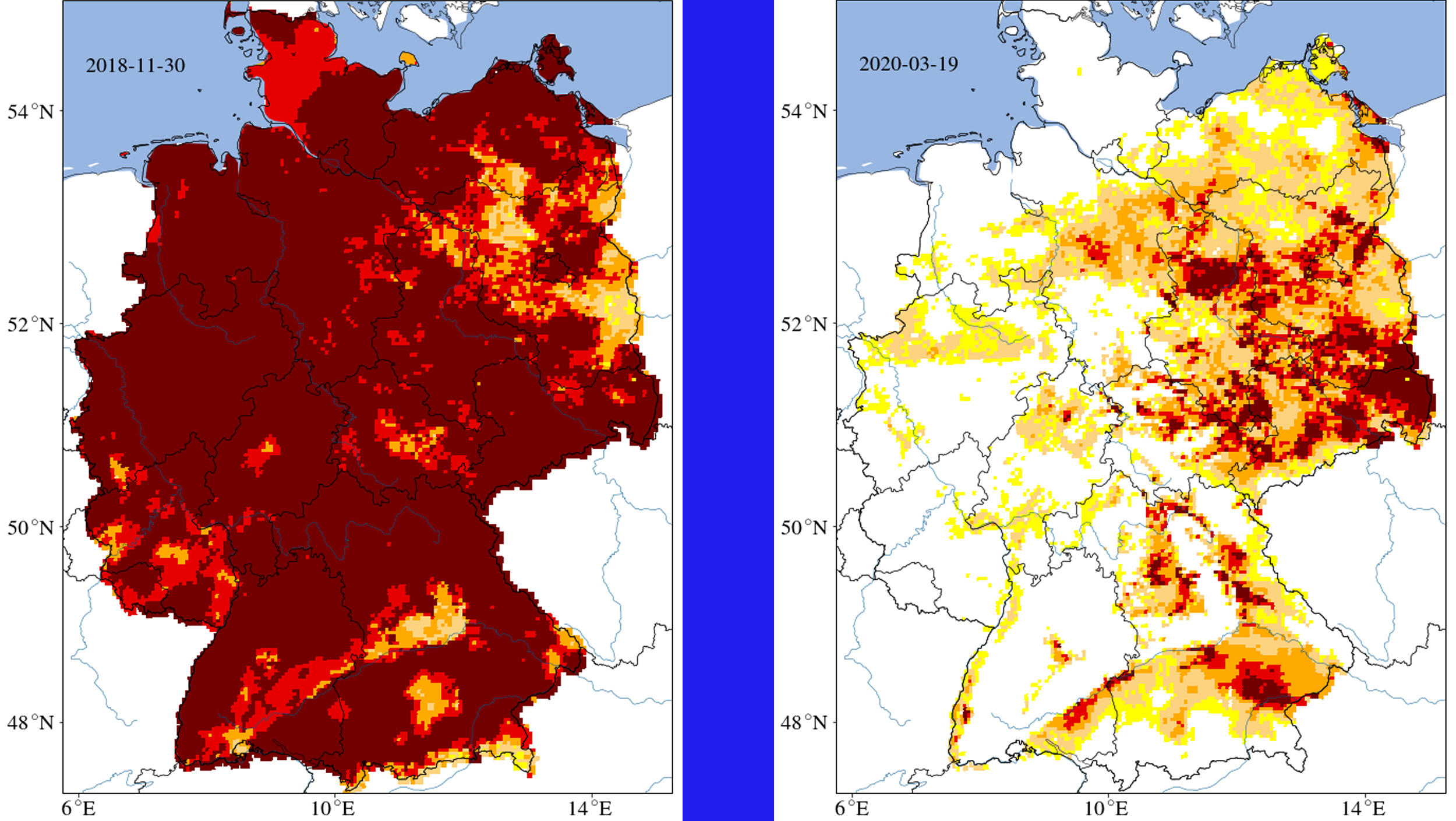 Tiefe Bodenschichten haben sich von der Trockenheit nicht erholt Im Jahr 2018 war die Dürre besonders schlimm (links). Selbst knapp zwei Jahre danach haben sich im Osten und Süden Deutschlands die Böden noch nicht wieder erholt davon (rechts) .