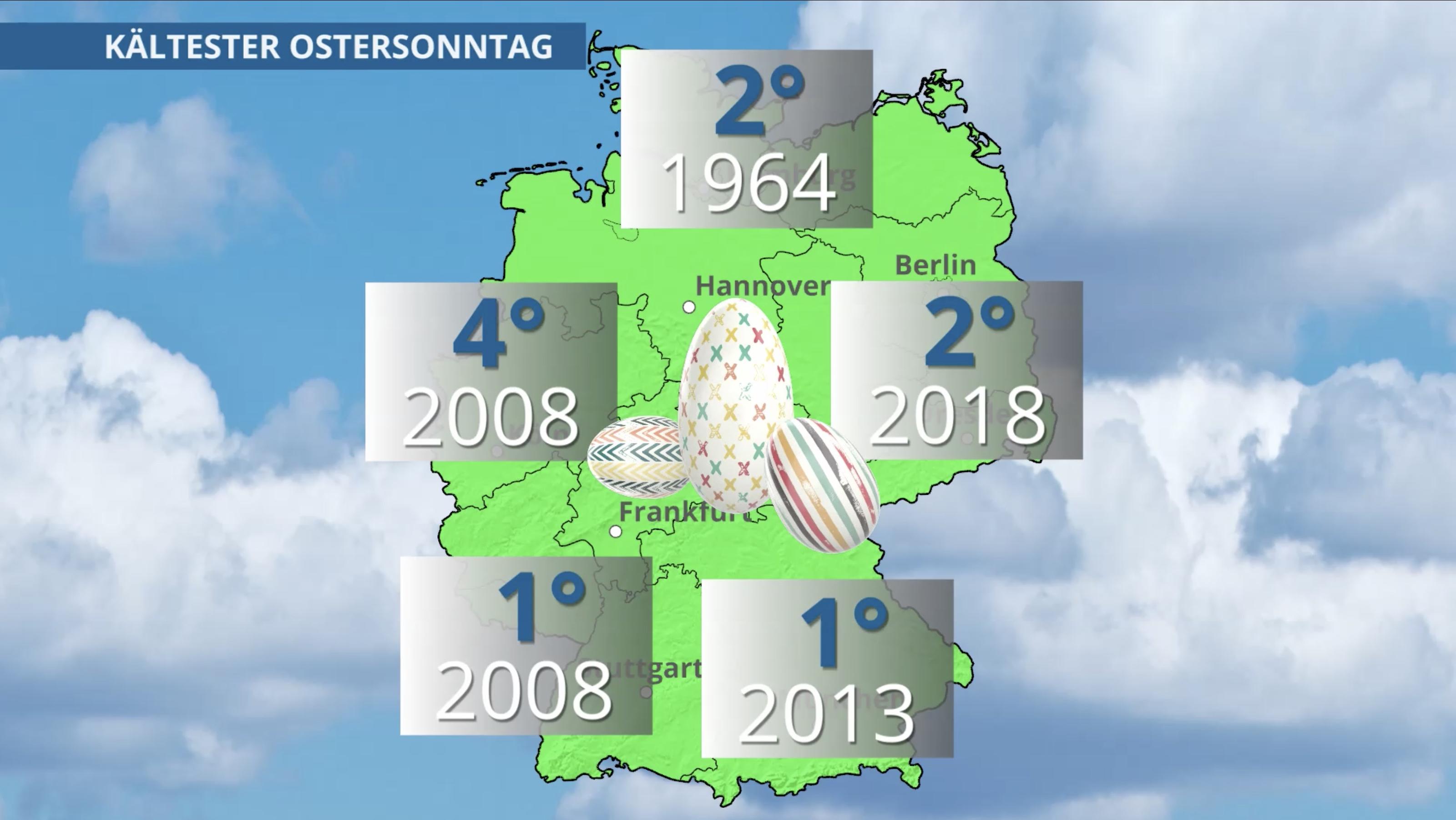 Weiße Ostern versus weiße Weihnachten Die niedrigsten Temperaturen in Grad Celsius zum Ostersonntag