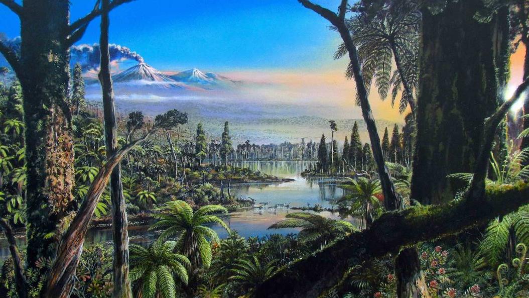Regenwald in der Antarktis - wie das? Dieses Acrylbild zeigt die ehemaligen Umweltbedingungen, die für den Bereich der Bohrung rekonstruiert werden konnten.