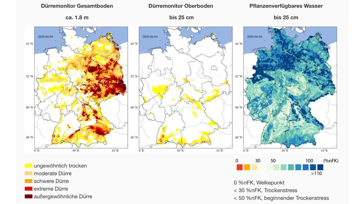 Dürre in Deutschland: Trockene Aussichten für April Die obere Bodenschicht hat noch genug Feuchtigkeit für die Pflanzen. Jetzt noch! Die bedrohliche Trockenheit liegt tiefer.