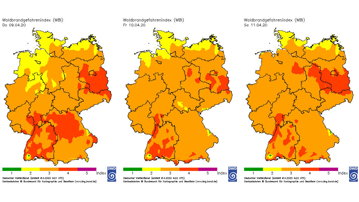30 Tage Wettertrend: Kein Regen in Sicht in diesem April-Sommer Der Deutsche Wetterdienst zeigt die aktuelle Waldbrandgefahr für die Tage Donnerstag bis Samstag.