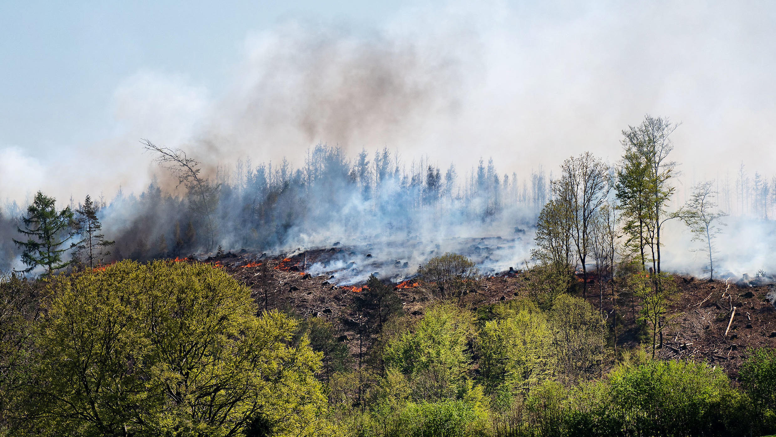 Unwetter Deutschland: Immer mehr Feuer - Wälder brennen vor allem in Nordrhein-Westfalen 20.04.2020, Nordrhein-Westfalen, Gummersbach: Rauch steht über einem Waldstück bei Gummersbach. Mehr als 100 Feuerwehrleute sind im Einsatz, um den großflächigen Waldbrand unter Kontrolle zu bringen. Foto: Markus Klümper/dpa +++ dpa-Bildfunk +++