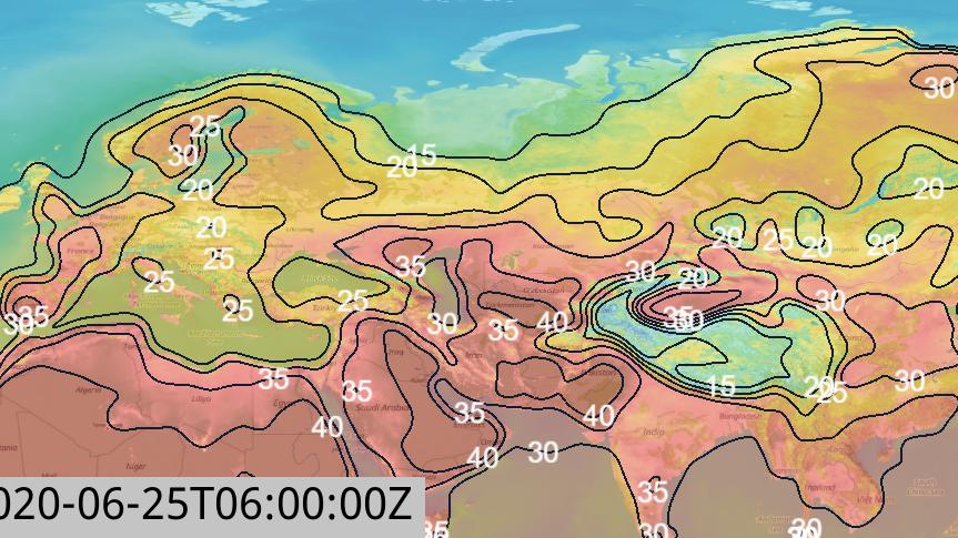 Skandinavien & Russland erleben im Juni 2020 Hitzewelle mit bis zu 38 Grad Die Temperaturverteilung für Freitag, 25.06. über Europa, Asien und Nordafrika (Skandinavien und Sibirien mit 30 Grad und mehr)