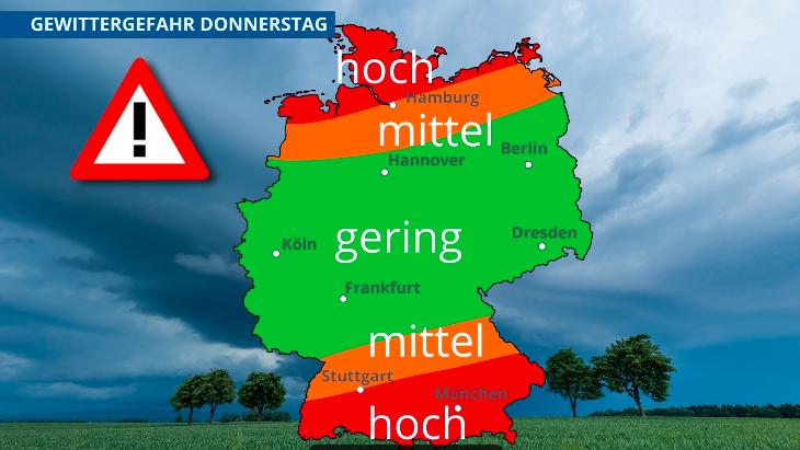 Gewitter, Starkregen, Hagel und Tornados – hier kommen die Unwetter hin Hier sind die Gefahren am Donnerstag am größten