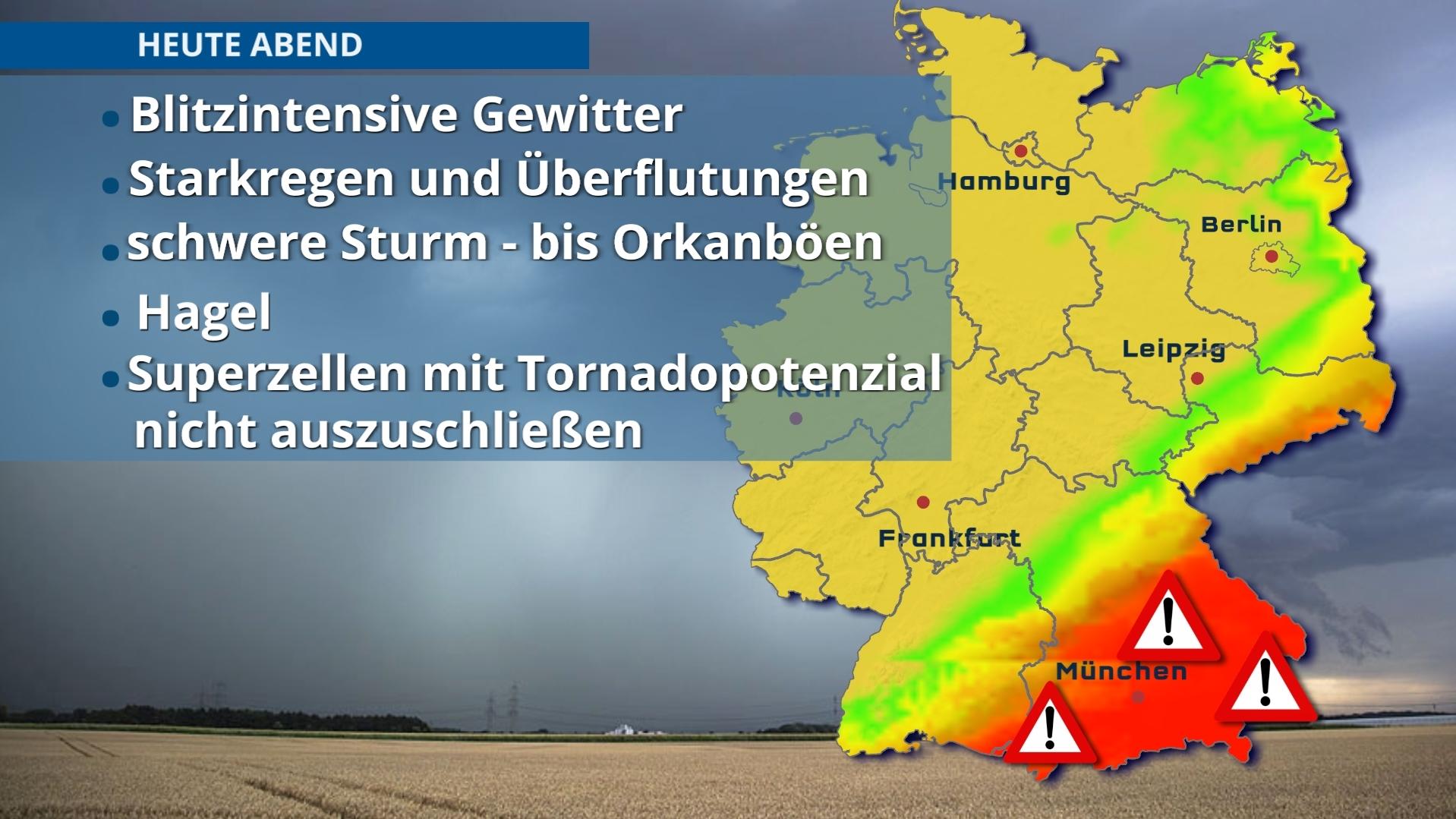 Wetterbericht für den 10.07.2020: Heute Unwetterwarnung für den Süden Die Graphik veranschaulicht, wo heute Abend die Unwettergefahr am größten ist.
