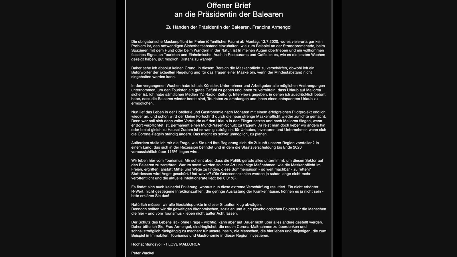 Peter Wackel: „Die verschärfte Maskenpflicht ist für mich unverständlich“ Der offene Brief von Peter Wackel an die Präsidentin der Balearen