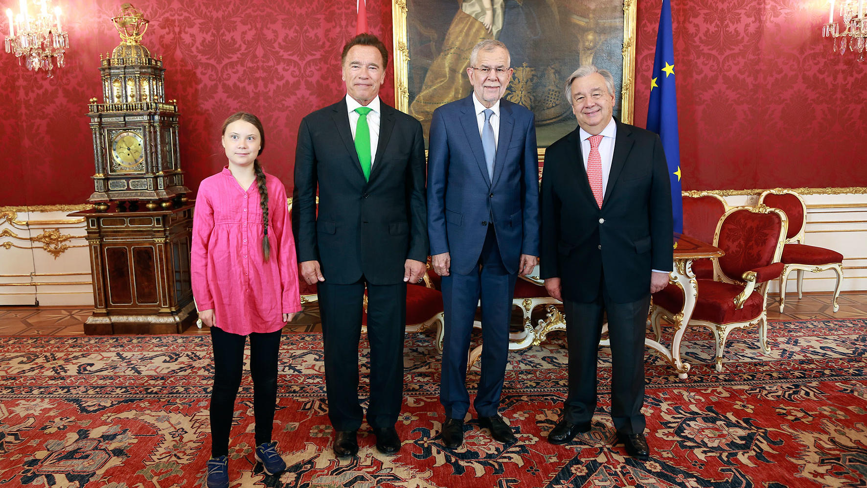 Arnold Schwarzenegger veranstaltet Klimakonferenz in Österreich Greta Thunberg, Arnold Schwarnzenegger, Alexander Van der Bellen und António Guterres