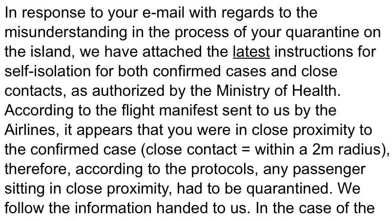 Quarantäne-Chaos auf Zypern: Paar erlebt blanken Wahnsinn statt purer Erholung Screenshot Email