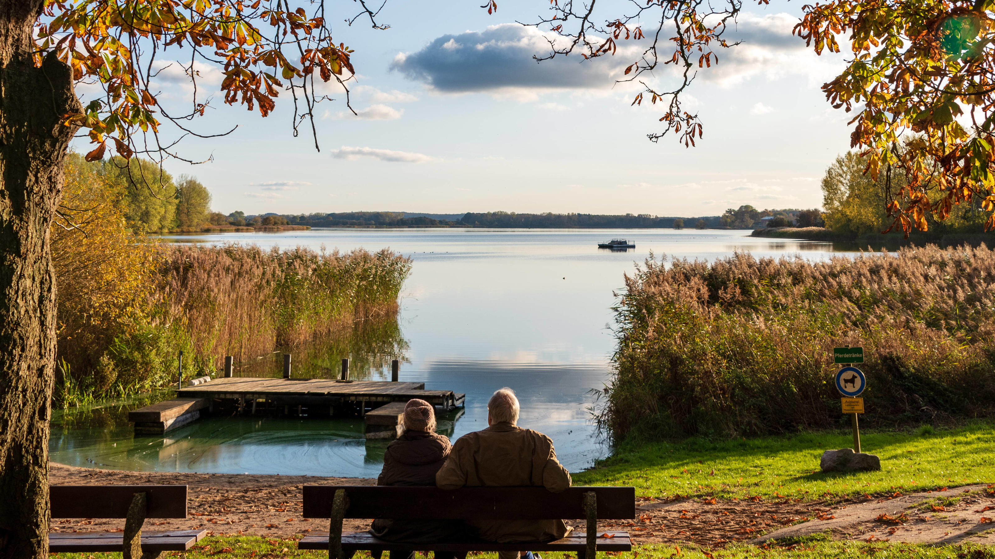 Aus diesen Bundesländern müssen Touristen jetzt abreisen Herbstliche Stimmung am Passader See in Schleswig-Holstein, ein altes Ehepaar genißt die Herbstsonne *** Autumnal atmosphere at the Passader See in Schleswig Holstein, an old married couple enjoying the autumn sun