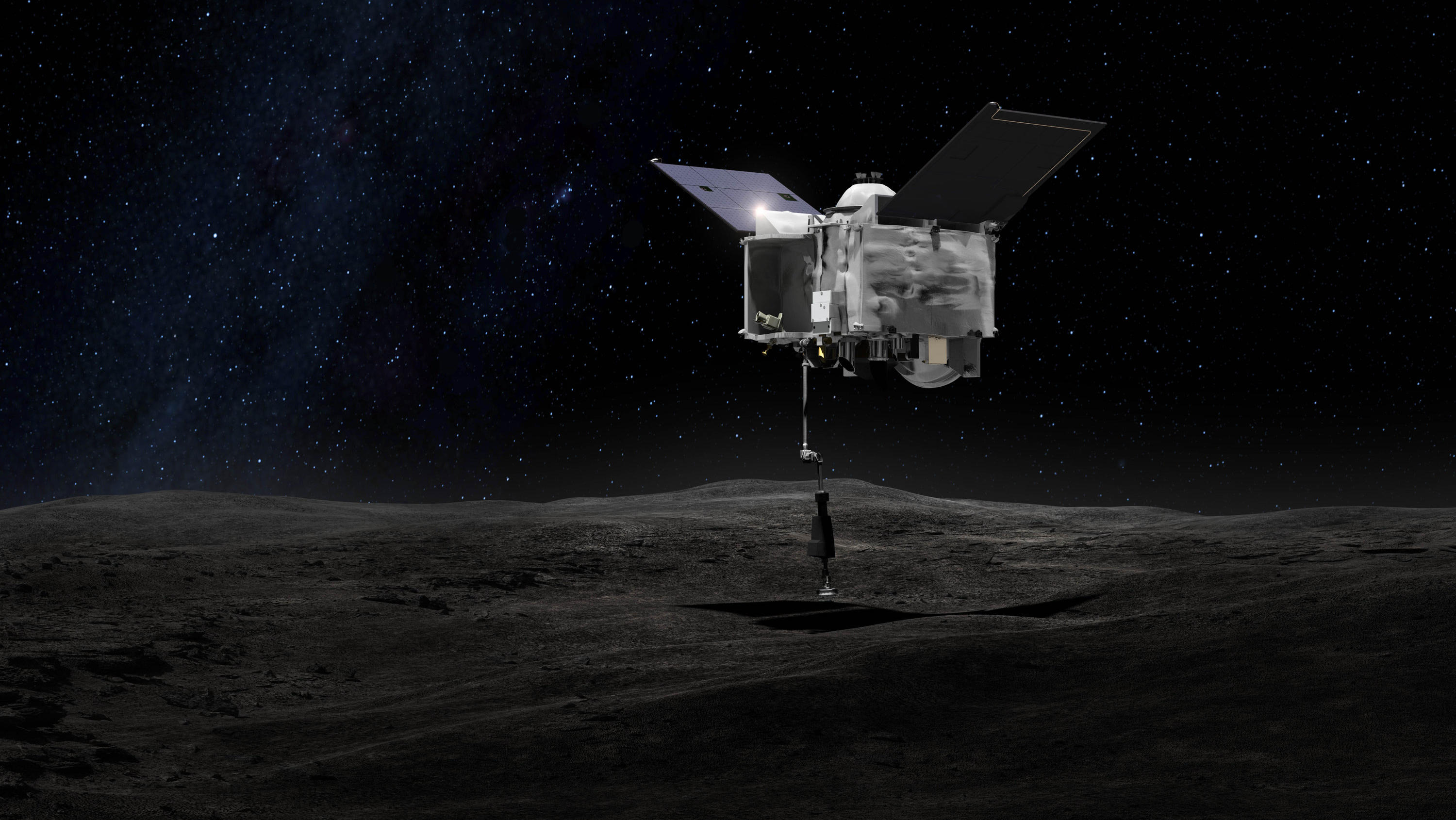 Nasa-Sonde entnimmt Asteroiden Bennu eine Probe HANDOUT - 16.10.2020, ---, Weltraum: Eine undatierte grafische Darstellung zeigt die Nasa-Sonde Osiris-Rex, die über dem Asteroiden Bennu mit ihrem Touch-And-Go Sample Arm Mechanism (TAGSAM), einer Art Roboter-Arm, eine Probe von dem Asteroiden nimmt