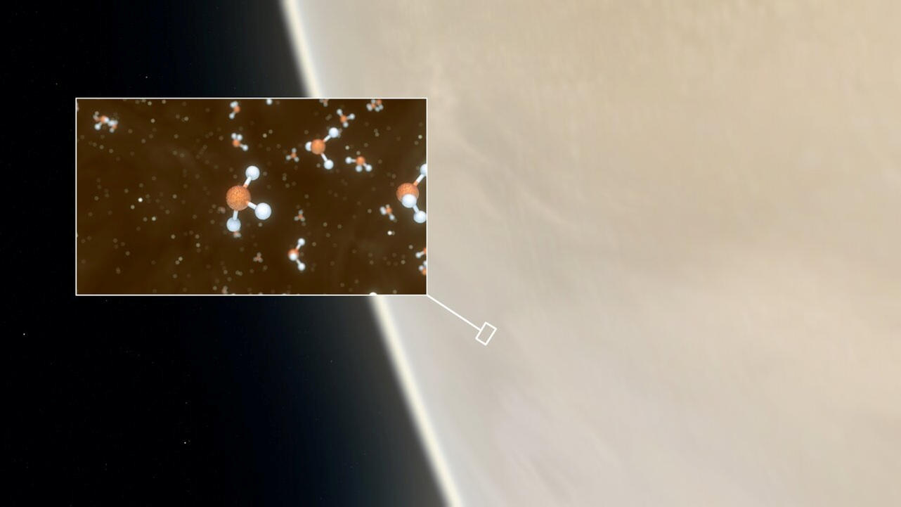 DNA-Bausteine auf der Venus - gibt es jetzt ein Leben auf diesem Planeten? This artistic impression depicts the planet Venus, where scientists have confirmed the detection of phosphine molecules, a representation of which is shown in the inset. The molecules were detected in the Venusian high clouds in data from the James C