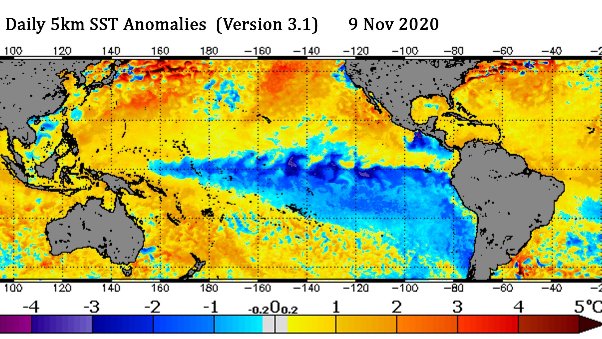 La Niña – Ein regionales Wetterphänomen mit weltweiter Bedeutung Auf dieser Karte sieht man die Abweichung der Wassertemperaturen vom Durchschnittswert. Besonders groß ist die negative Abweichung über dem Pazifik. Ein eindeutiges Zeichen für La Nina.