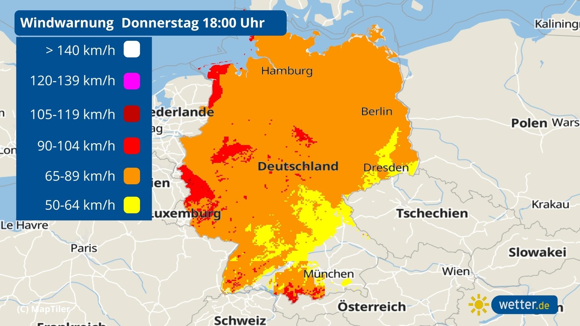 Teils sehr gefährliche Sturmlage: Orkanböen und Föhnsturm! Auf dieser Karte sieht man, wo der Wind am heftigsten weht.