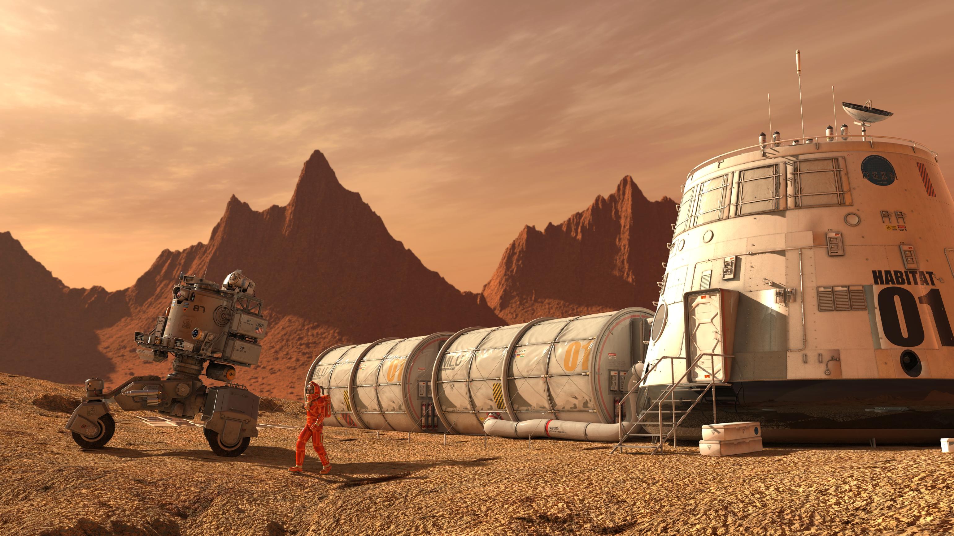 Leben auf dem Mars: Bakterien können es möglich machen 3D Illustration. Mars colony. Expedition on alien planet. Life on Mars.