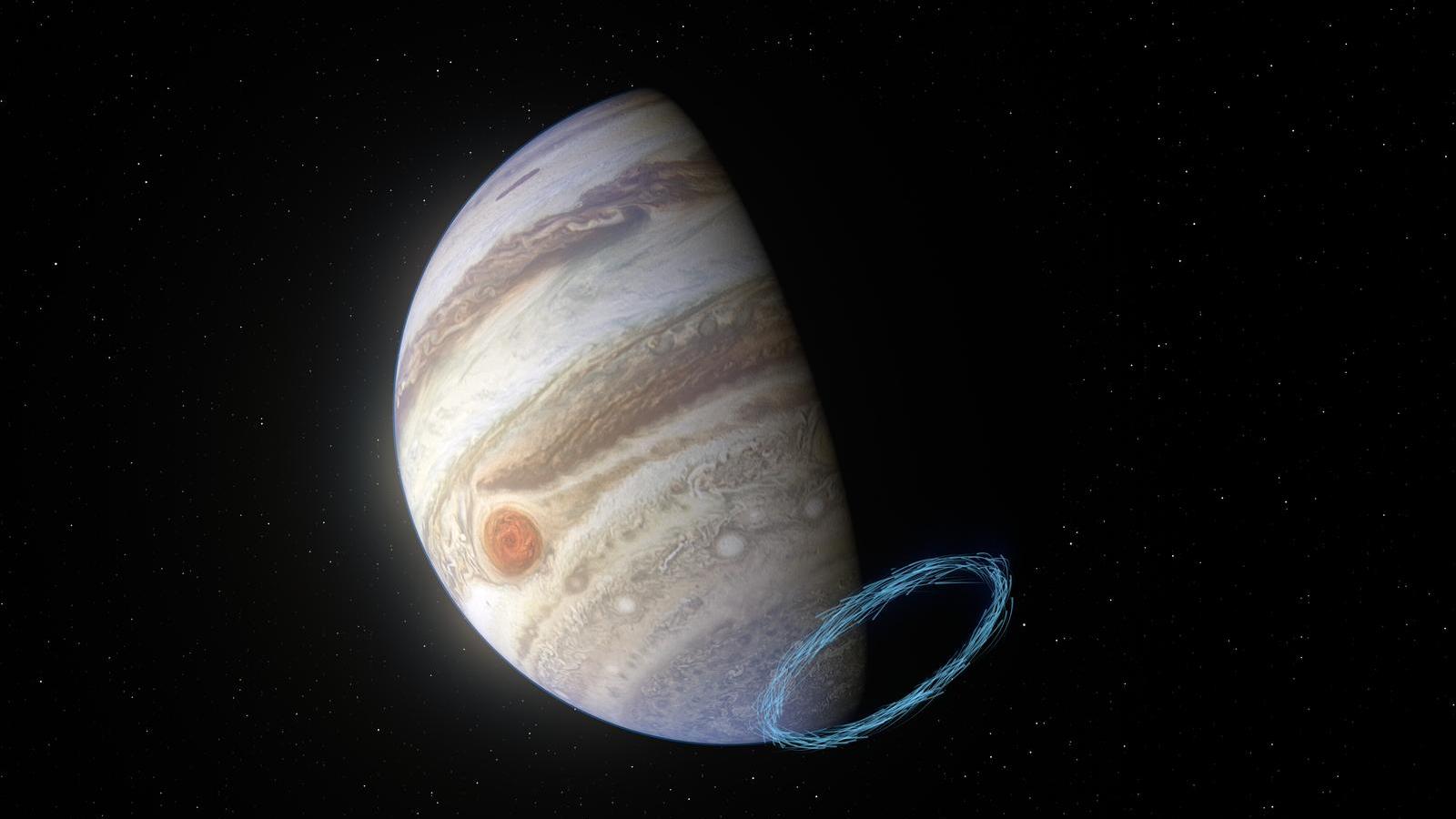 Gewaltiger Blausäure-Wirbelsturm zieht über den Jupiter This image shows an artistâ€âs impression of winds in Jupiterâ€âs stratosphere near the planetâ€âs south pole, with the blue lines representing wind speeds. These lines are superimposed on a real image of Jupiter, taken by the JunoCam imager aboard N