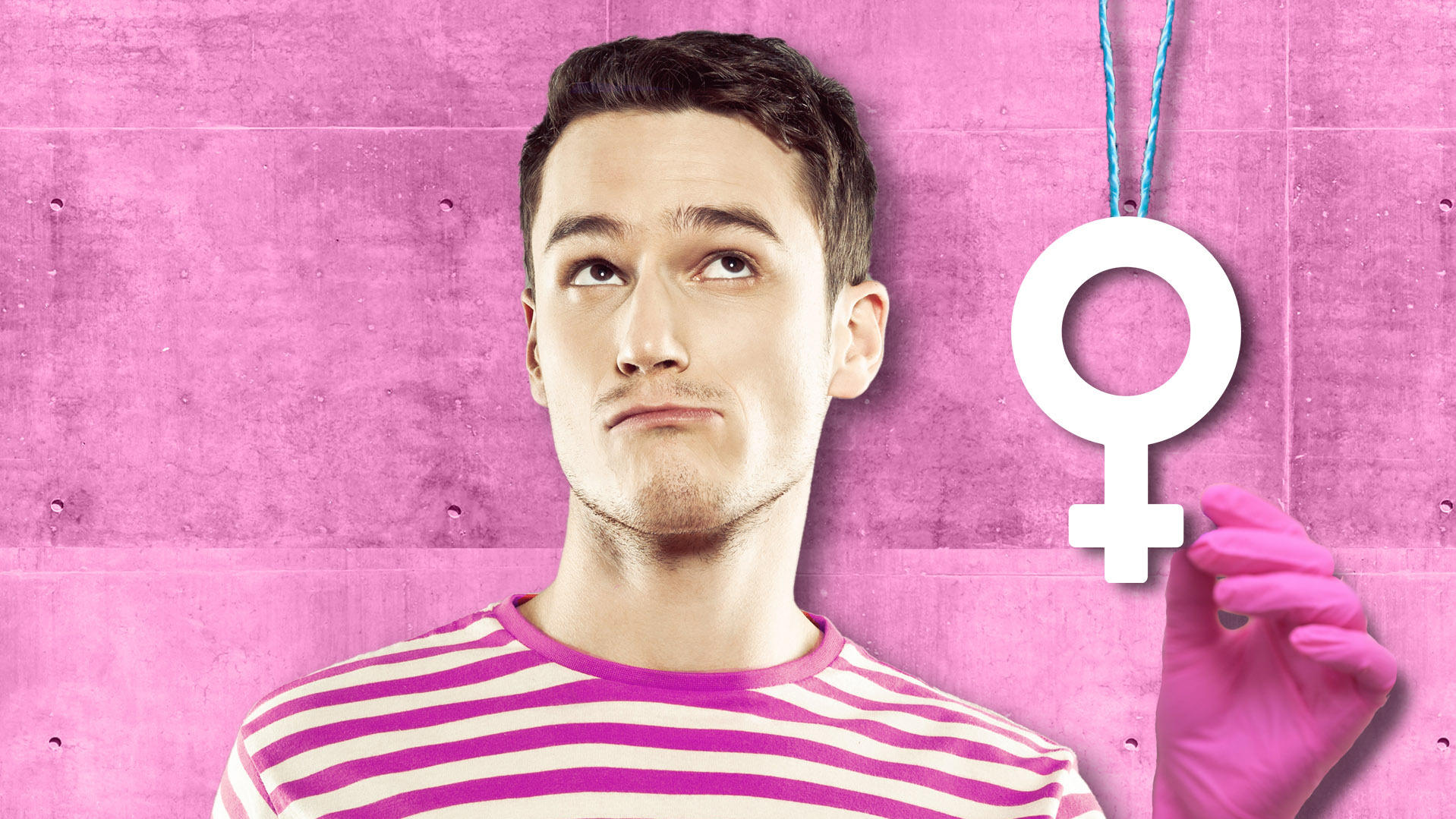 #PinkyGate - Oder: Wenn Männer die weibliche Periode regeln (wollen) Ein Mann guckt planlos. Er trägt einen pinken Handschuh. Der soll Frauen bei der Periode unangenehme Situationen ersparen.