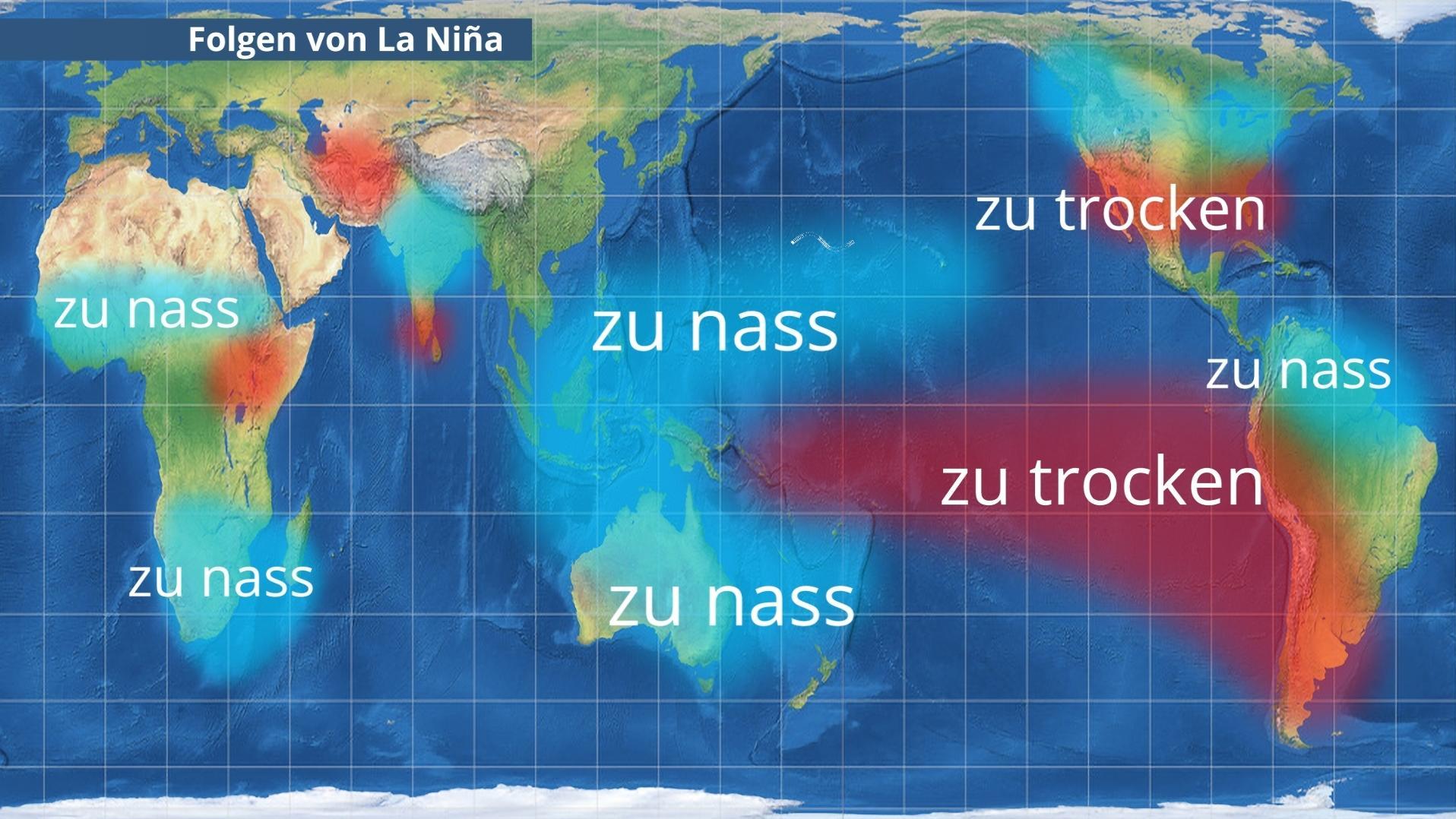 Surigae überrascht mit Rekordstärke: Über 300 km/h und 20 Meter hohe Wellen Die Graphik zeigt die weltweiten Auswirkungen des Klimaphänomens La Niña. Demnach sorgt es auch für die Intensivierung der Tropenstürme.