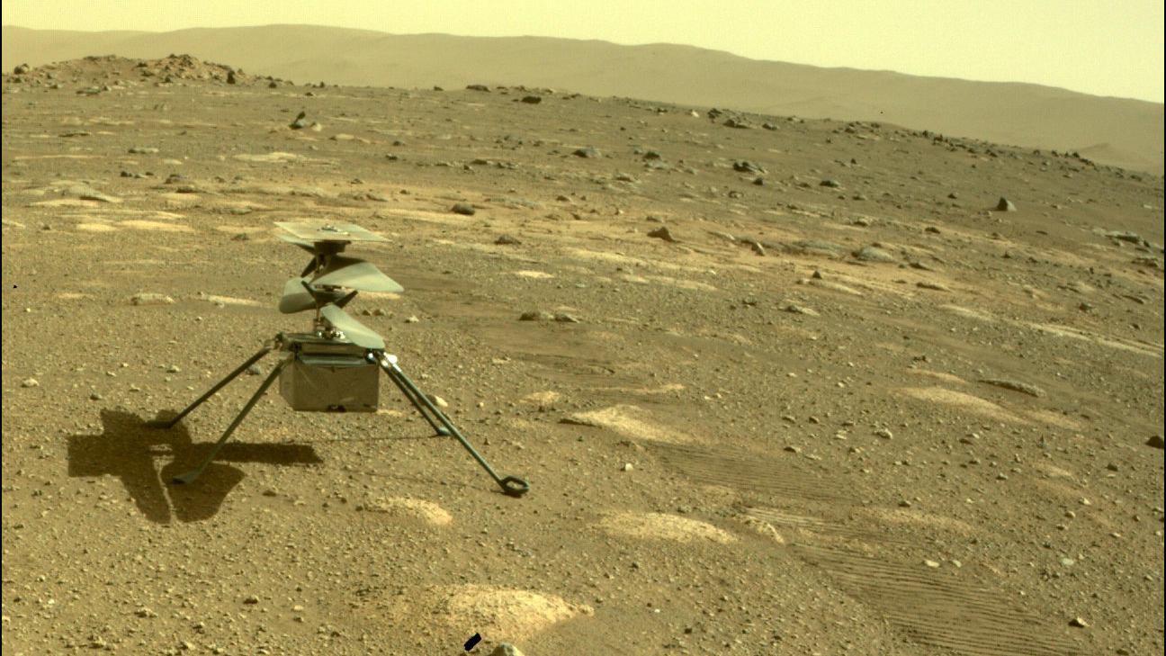 Helikopter auf dem Mars: Ingenuity-Start schlägt fehl Der Hubschrauber Ingenuity der US-Raumfahrtbehörde Nasa ist auf dem Mars zu sehen, aufgenommen von der hinteren Kamera des Rovers Perseverance.