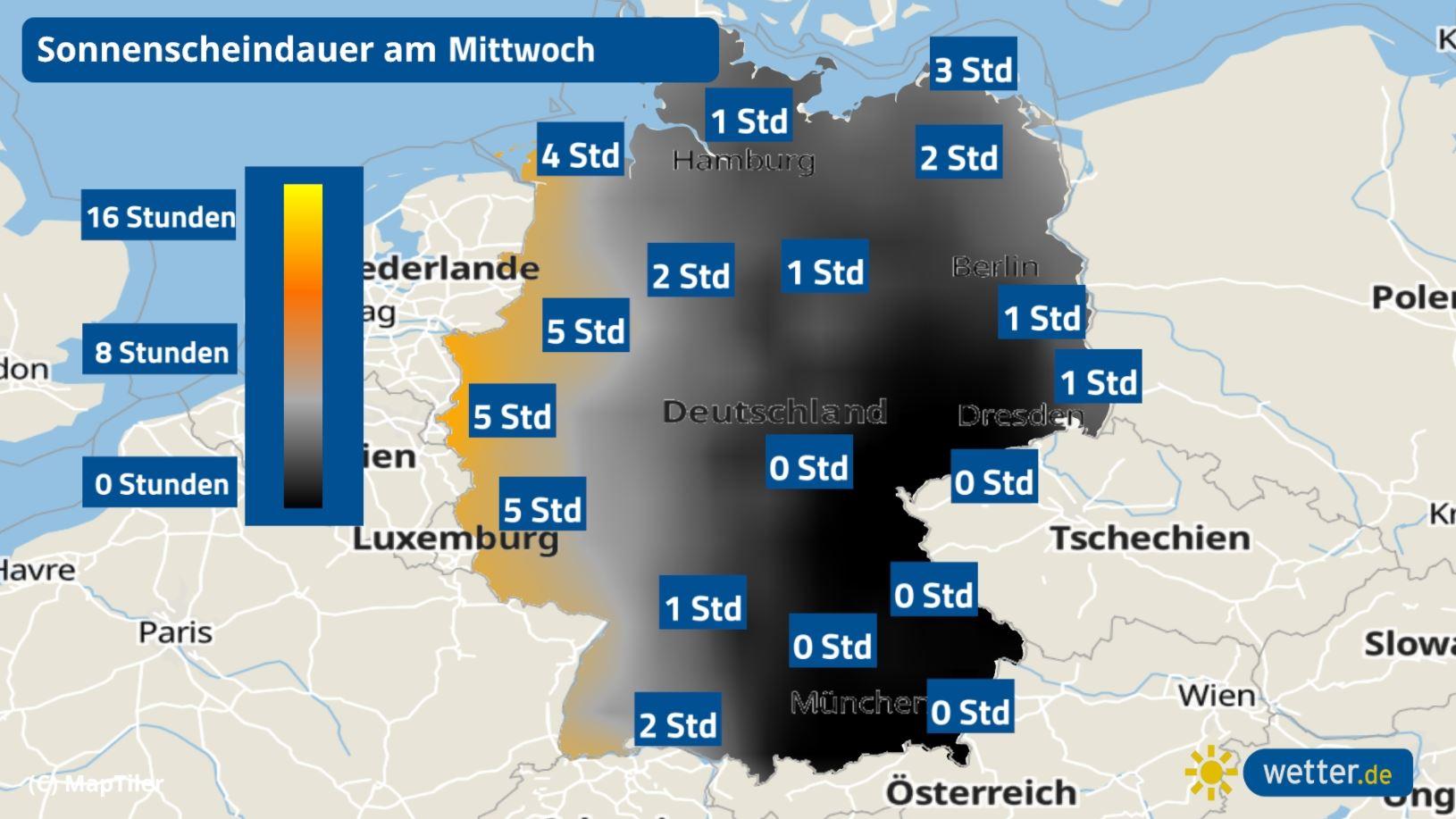 7-Tage-Wettertrend: Unwetter grätschen den Sommer weg Die Sonnenscheindauer für Mittwoch in Deutschland