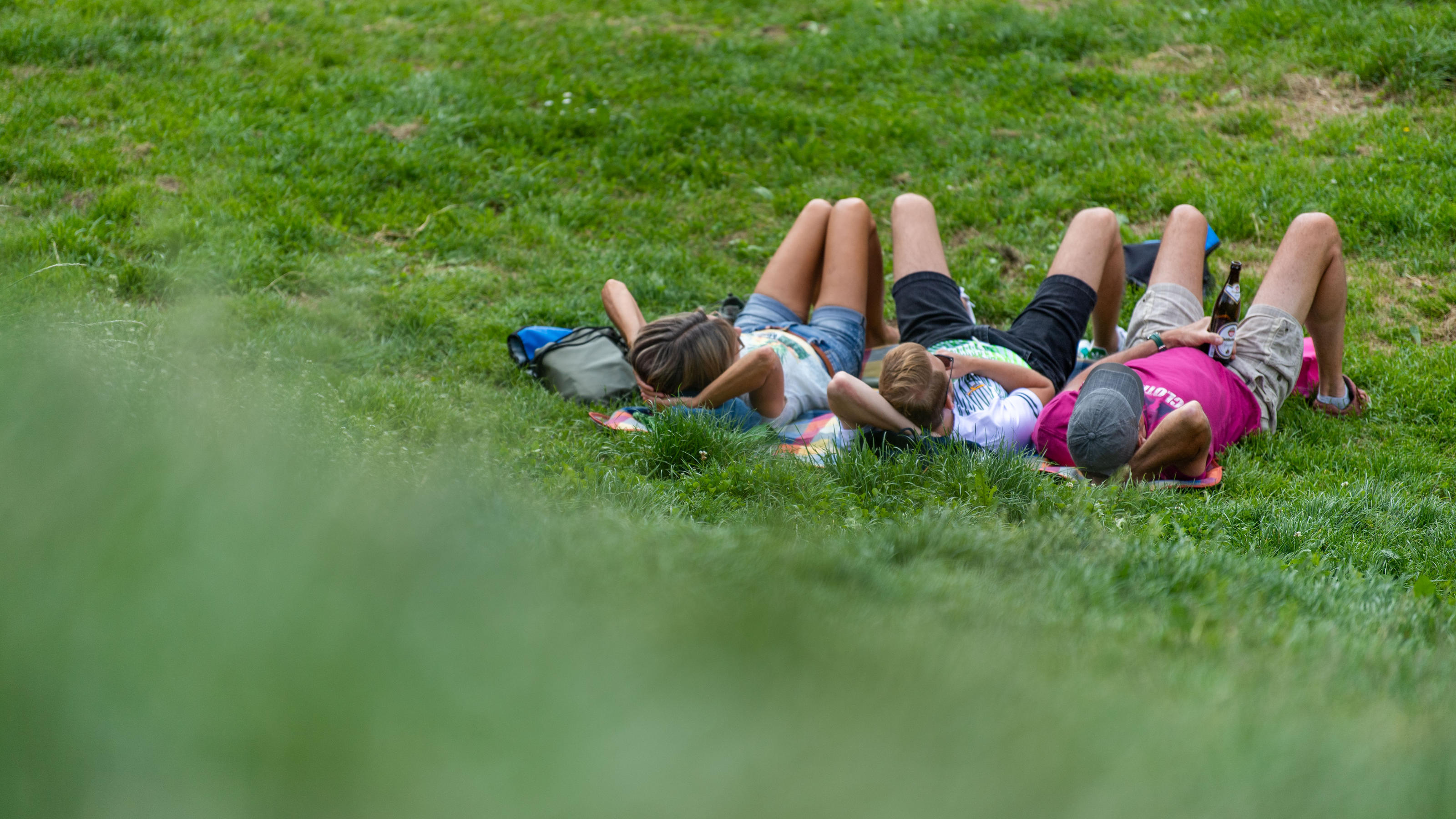 Diese Corona-Regeln gelten am Vatertag Drei Menschen liegen nebeneinander auf einer Wiese im englischen Garten in Münschen