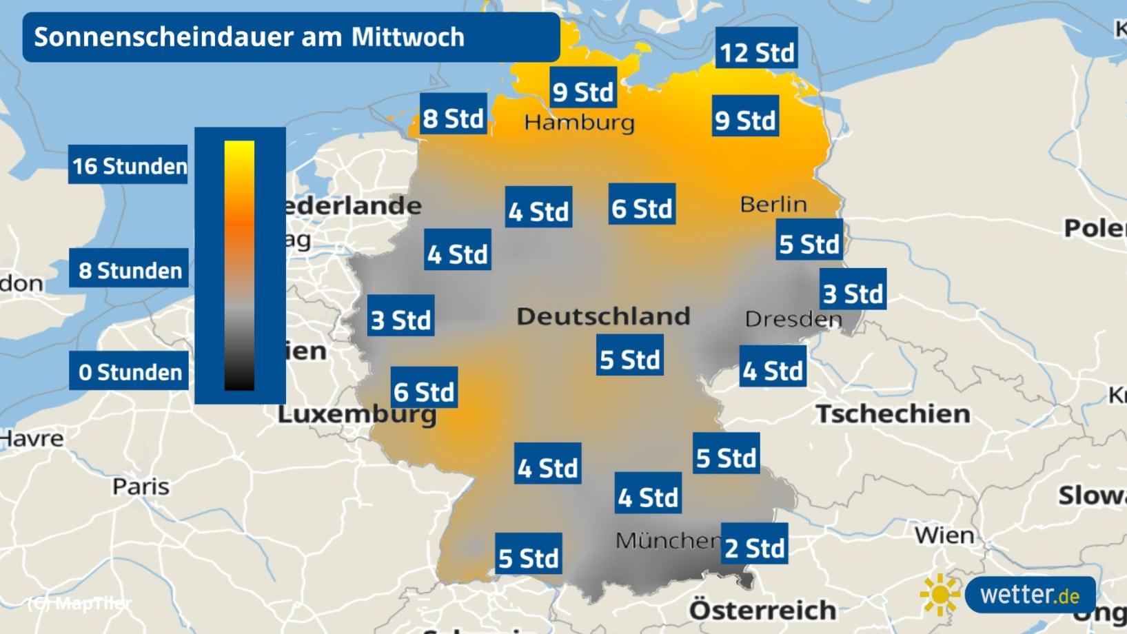 Schauer ziehen in den Osten, dahinter droht bei Aufklaren Bodenfrost Die Sonnenscheindauer für Mittwoch
