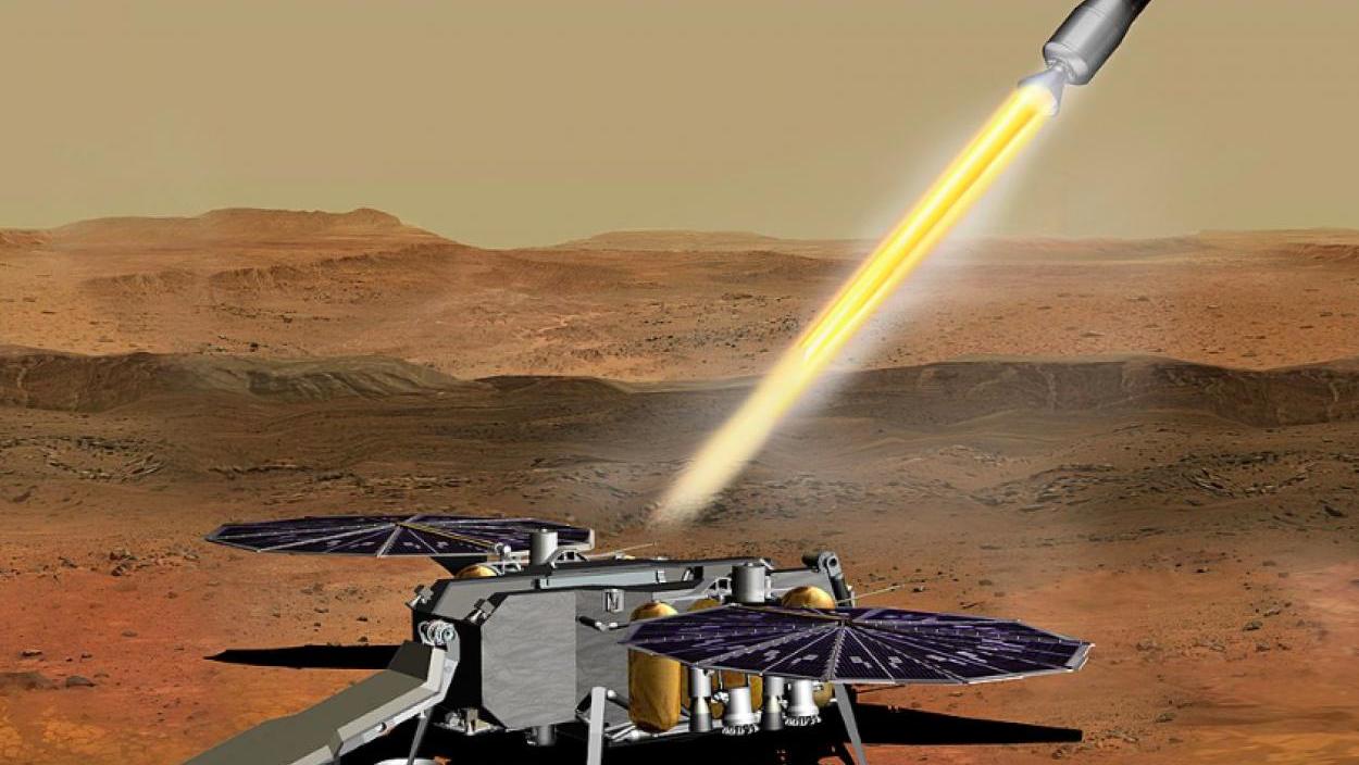 Wie gefährlich ist es, Mars-Proben auf die Erde zu holen? Das Bild illustriert, wie der mögliche Start der Kapsel mit den Bodenproben vom Mars aussehen könnte.