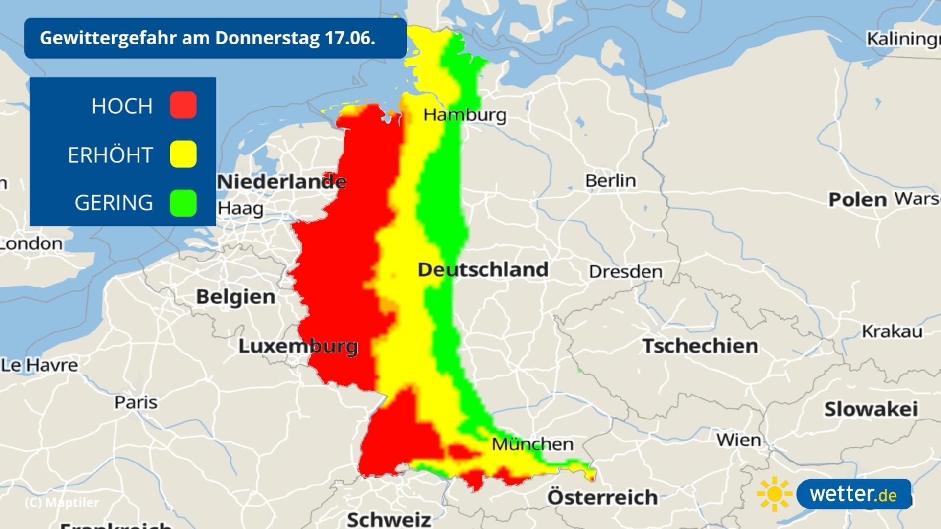 7-Tage-Wettertrend: Die erste Hitzewelle 2021 mit dem heißesten Tag des Jahres Das Gewitterrisiko am 17 06 2021 liegt in der Westhälfte